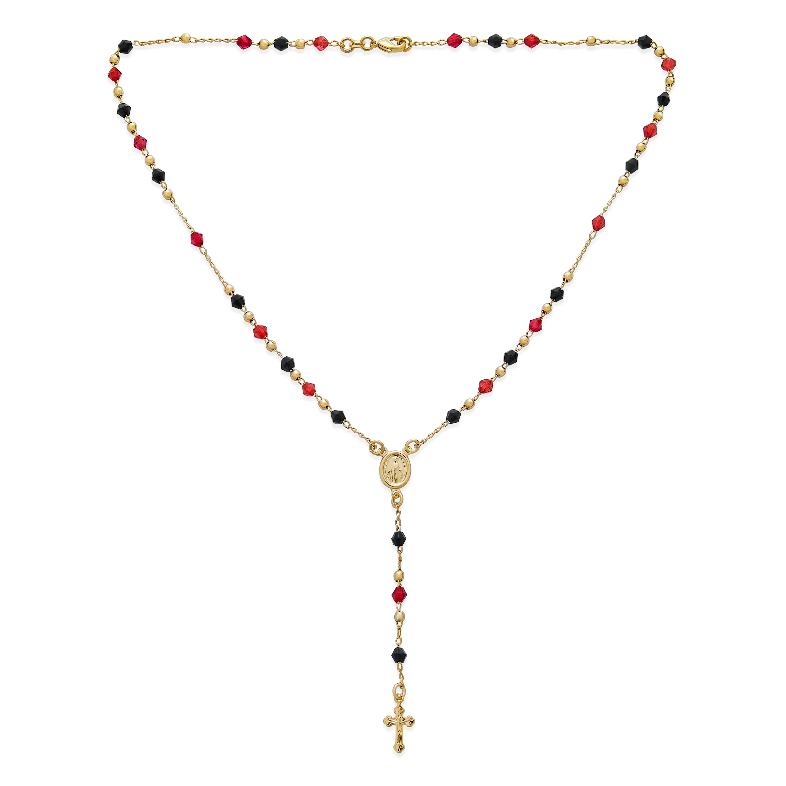 Red Black Rosary Bead Necklace Virgin Mary Crucifix Cross - Image 2