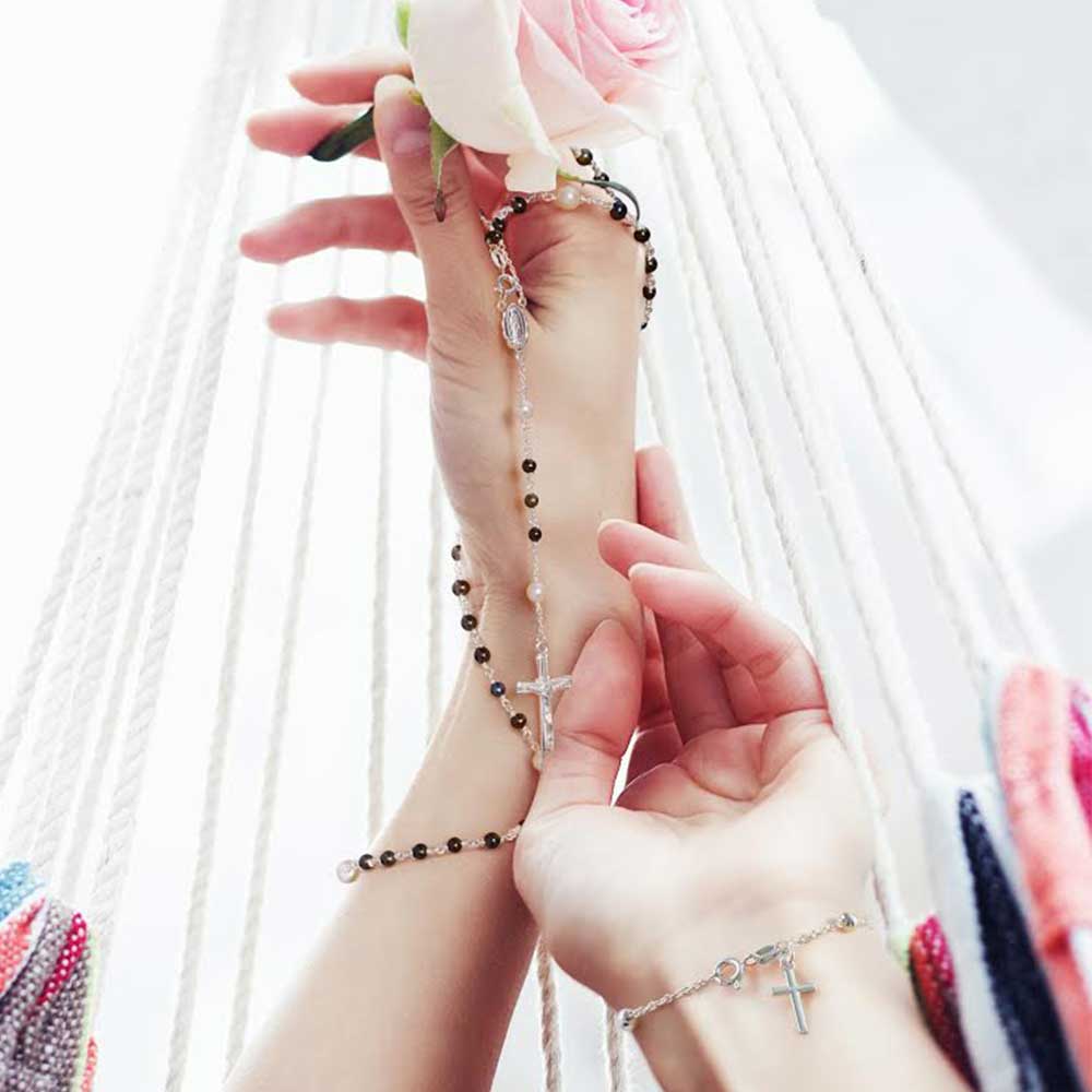 Simple Religious Prayer Ball Beads Cross Pray Rosary Bracelet .925 Sterling Silver - Image 5