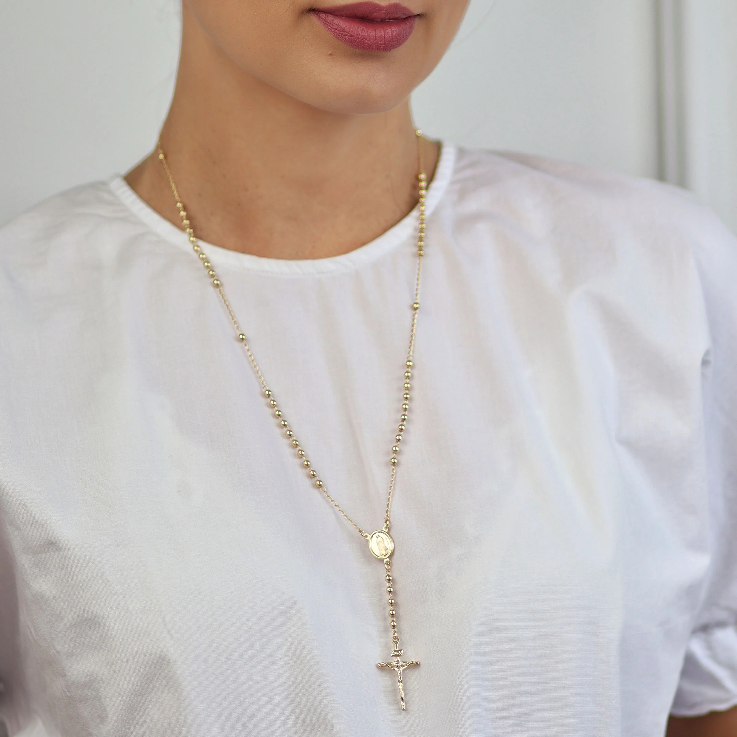 18K Gold Plated Virgin Mary Rosary Necklace Crucifix Beads - Image 3