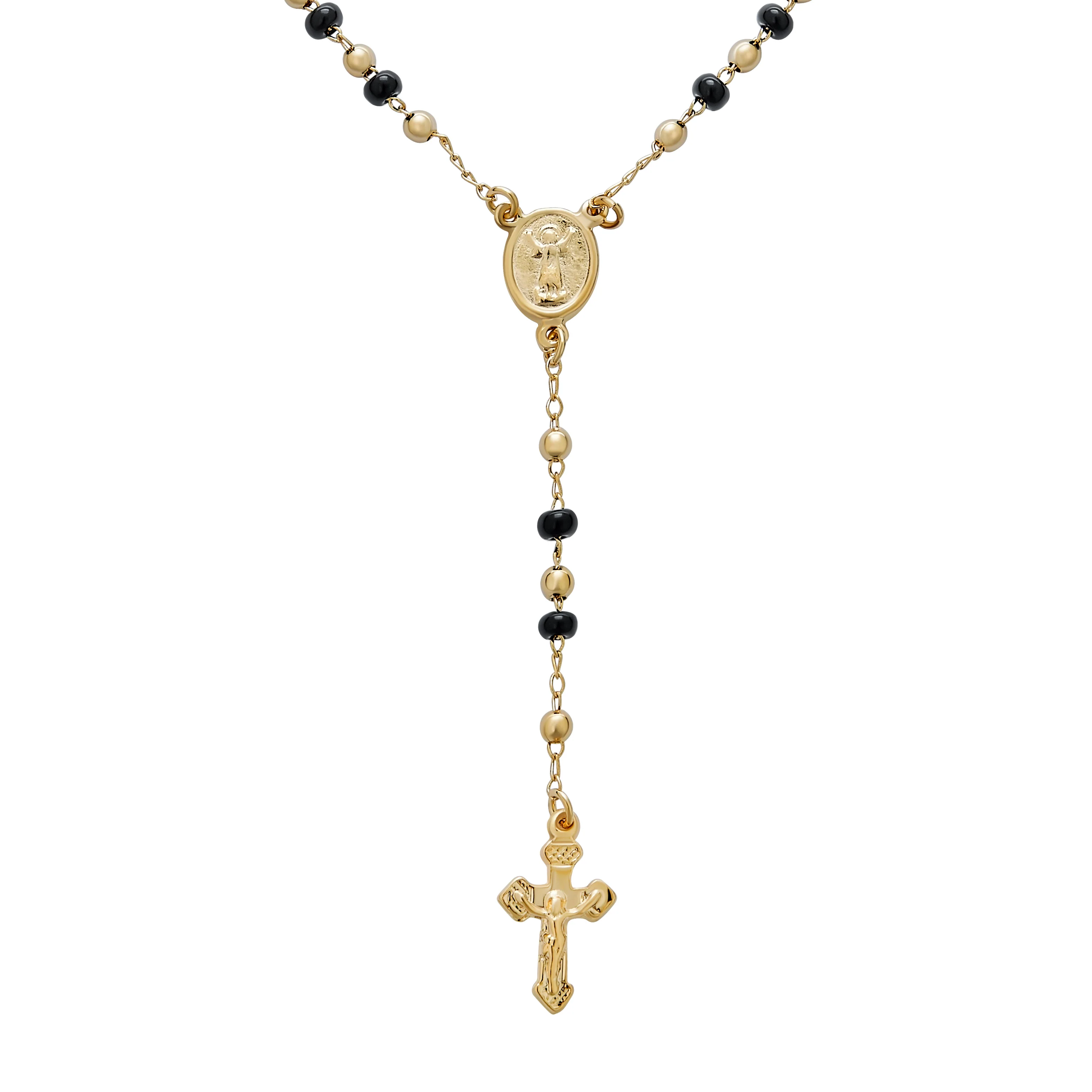 Black Gold Bead Rosary Necklace Virgin Mary Crucifix Cross
