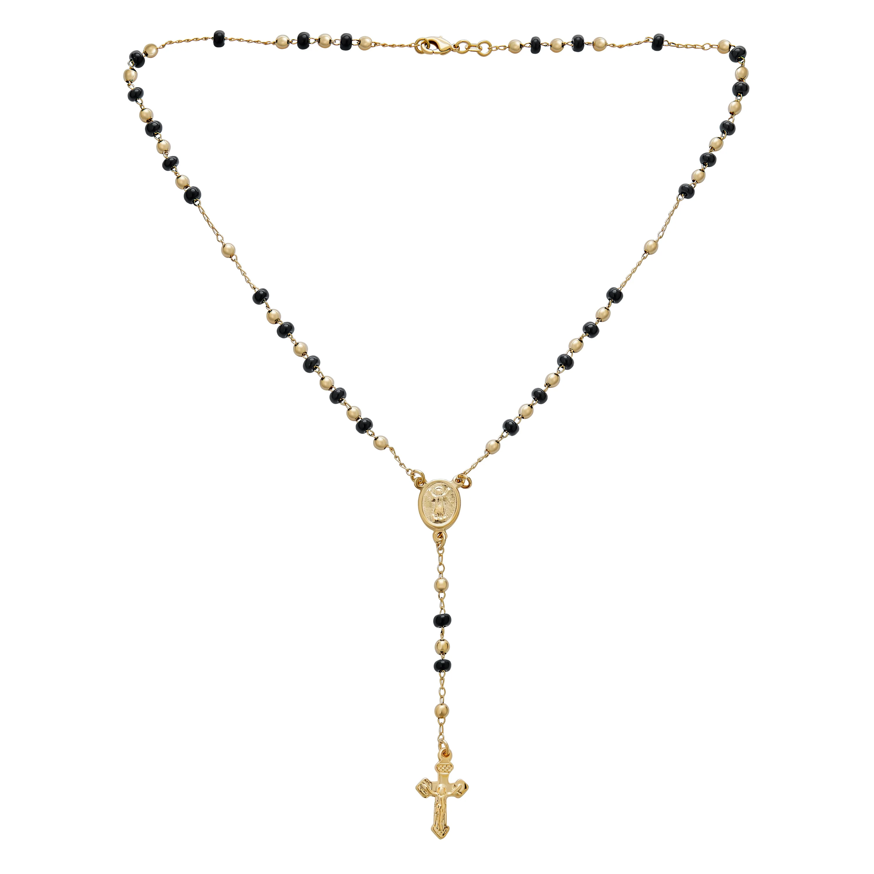 Black Gold Bead Rosary Necklace Virgin Mary Crucifix Cross - Image 2