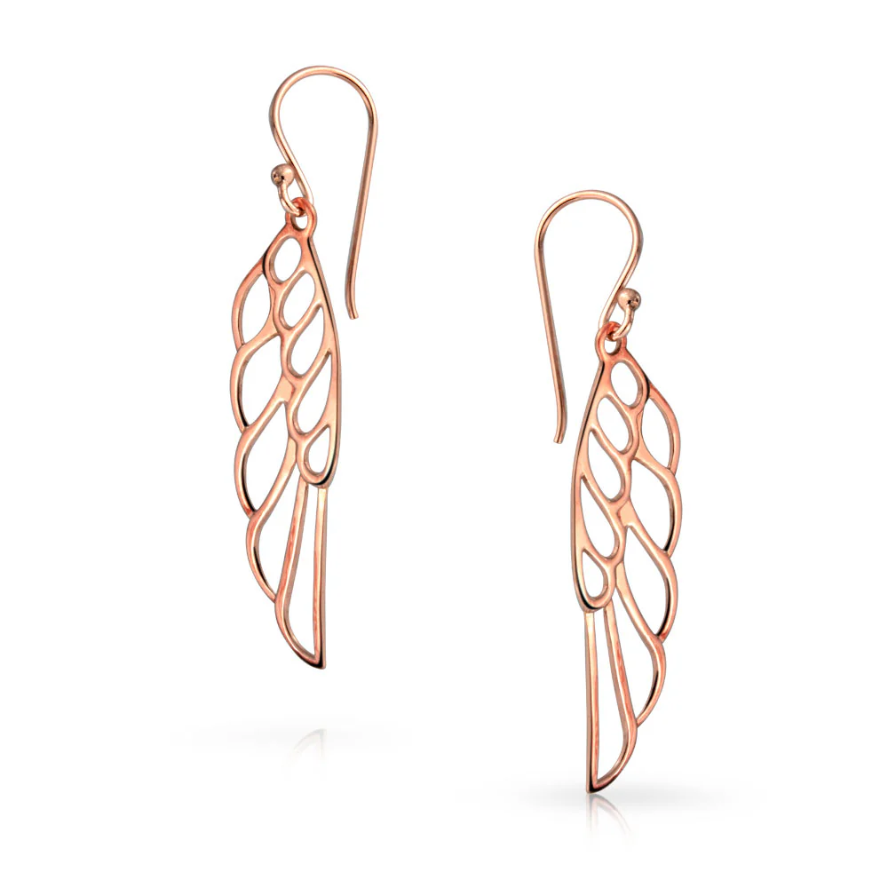 Rose Gold Plated Angel Wing Feather Dangle Earrings in  Sterling Silver - Image 5