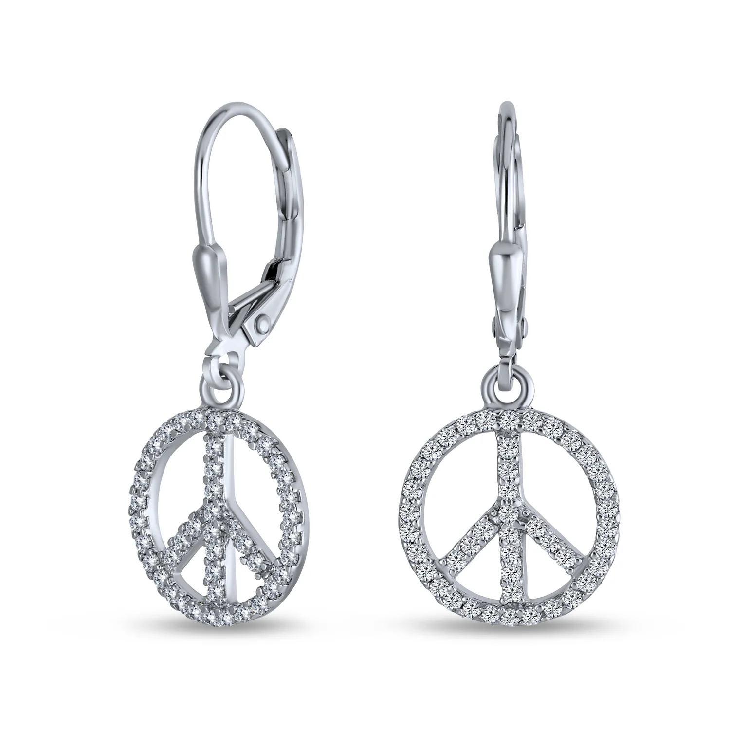 Rose Gold Dangle Chandelier Earrings with Peace Sign & CZ Pave Sterling Silver