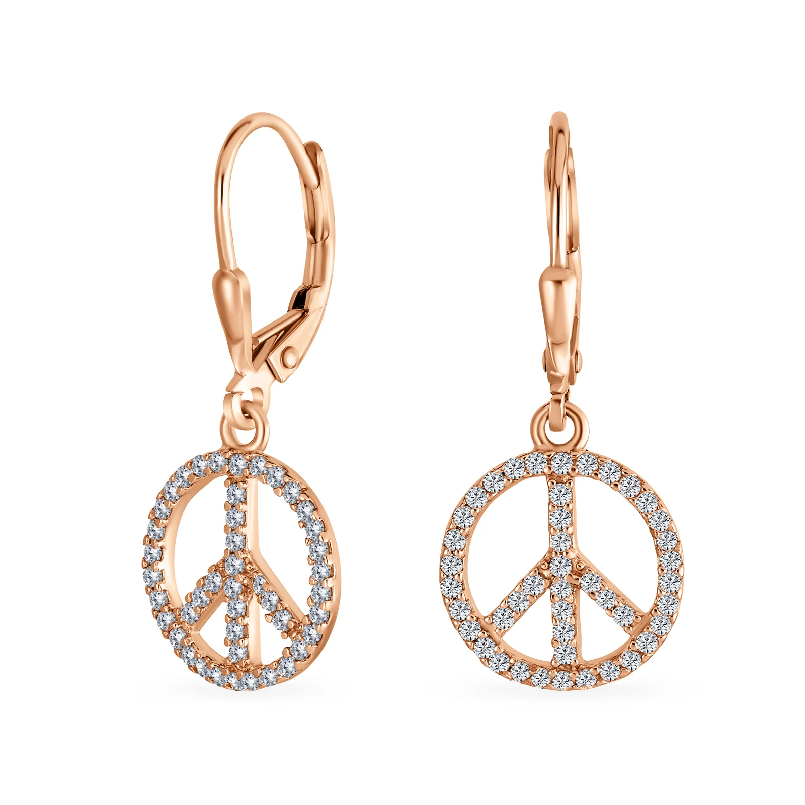 Rose Gold Dangle Chandelier Earrings with Peace Sign & CZ Pave Sterling Silver - Image 2