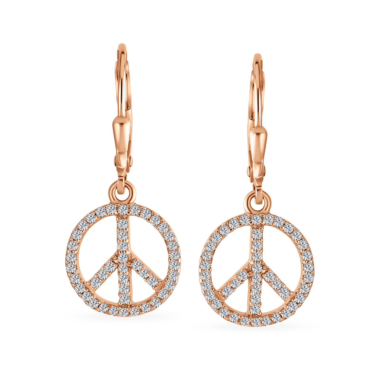 Rose Gold Dangle Chandelier Earrings with Peace Sign & CZ Pave Sterling Silver - Image 4