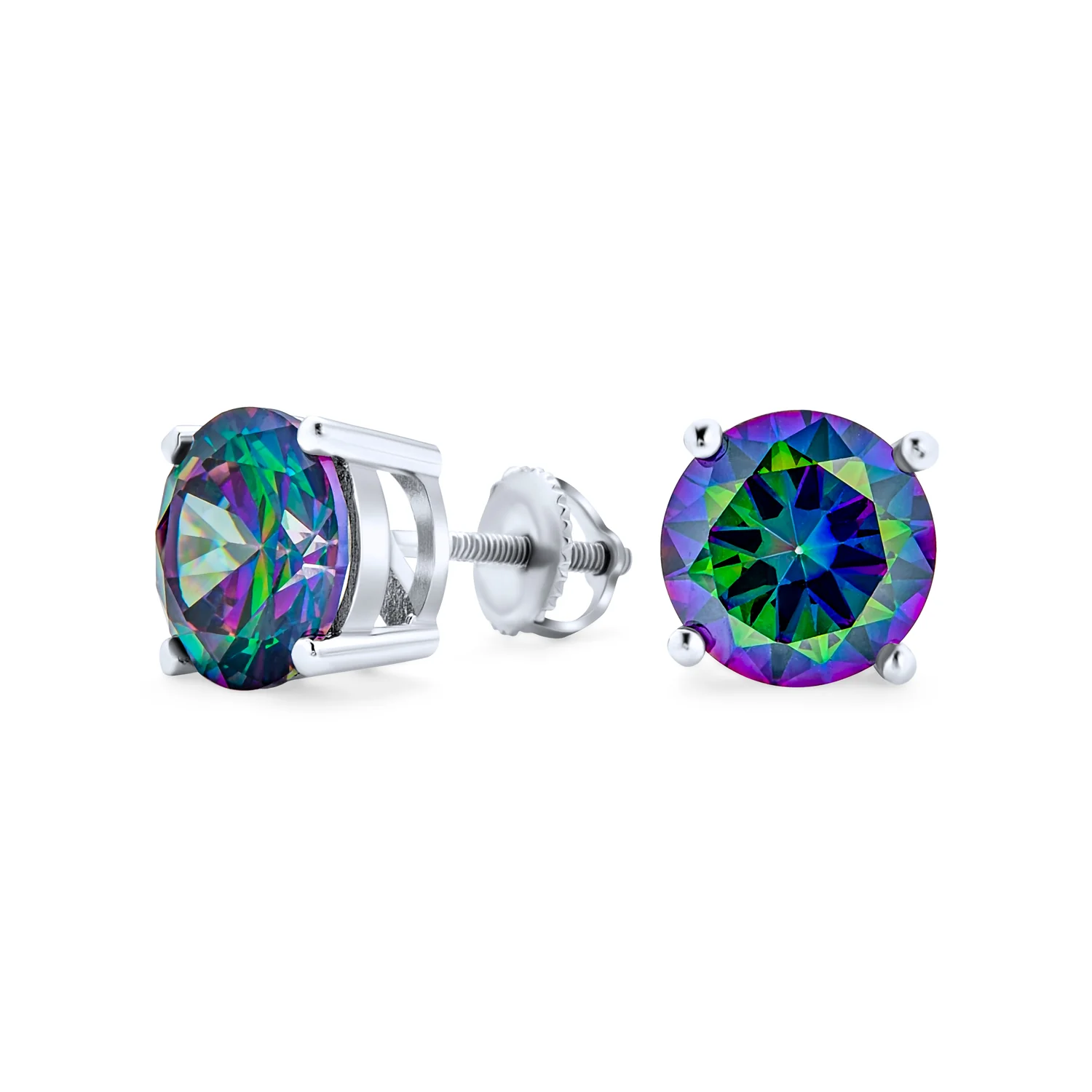 Round Black Mystic Rainbow CZ Stud Earrings Sterling Silver Screw Back 5-9 MM - Image 2