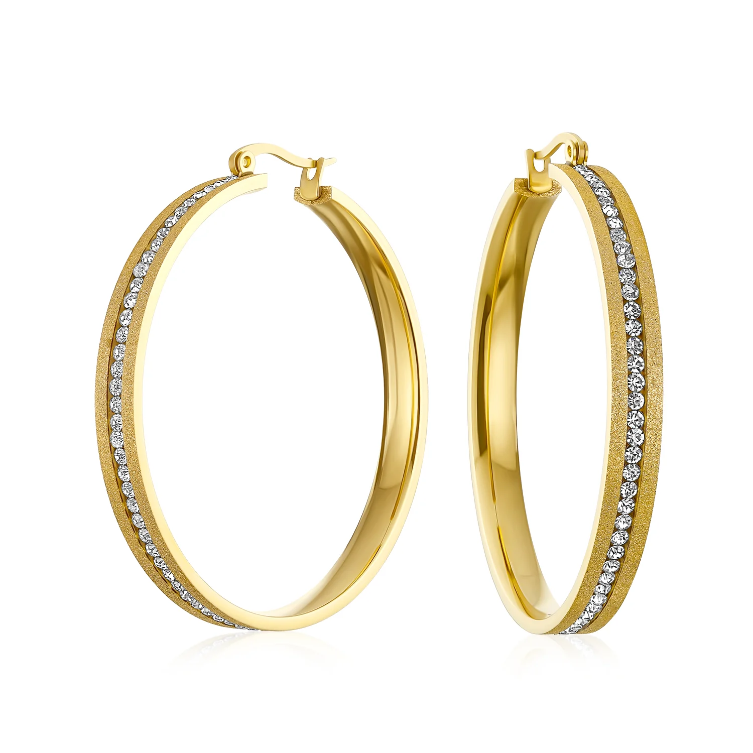 Channel Set CZ Statement Hoop Earrings Stardust Finish Plated Stainless Steel