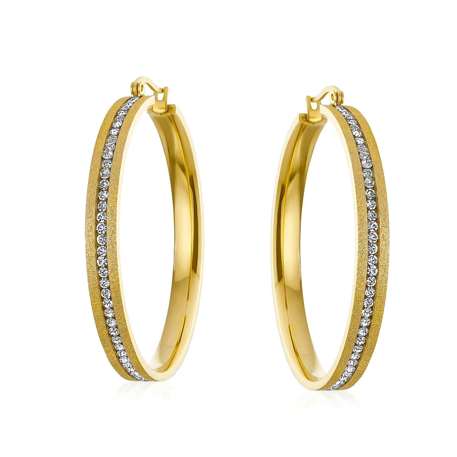 Channel Set CZ Statement Hoop Earrings Stardust Finish Plated Stainless Steel - Image 3