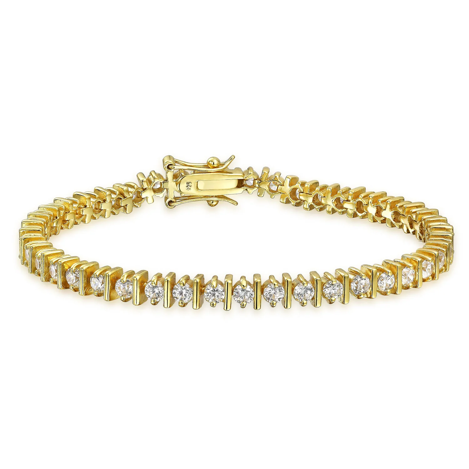 Round CZ Tennis Bracelet & Solitaire Stud Earrings Set Gold Plated Silver - Image 3