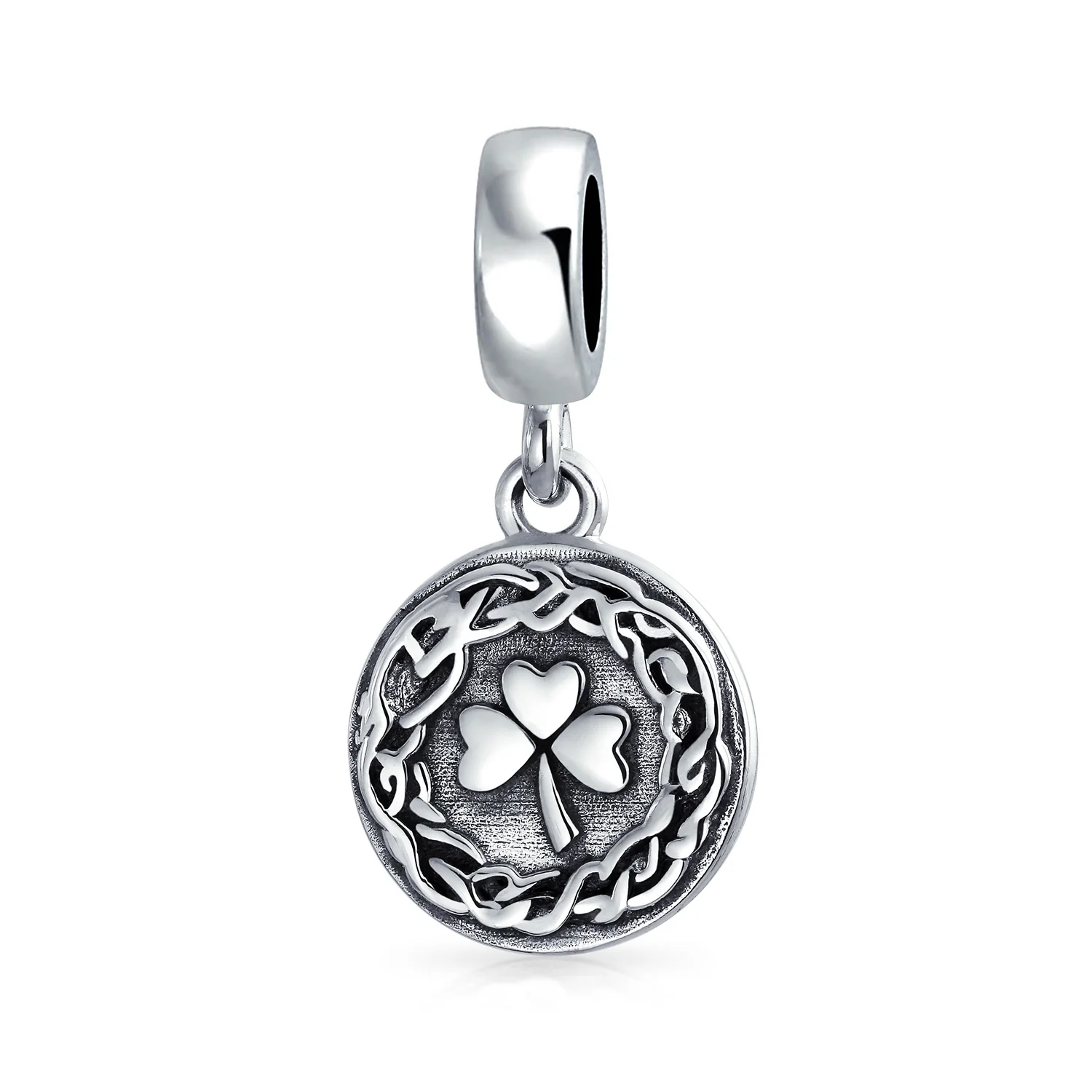 Round Disc Good Luck Celtic Knot Irish Clover Dangle Charm Bead Sterling Silver