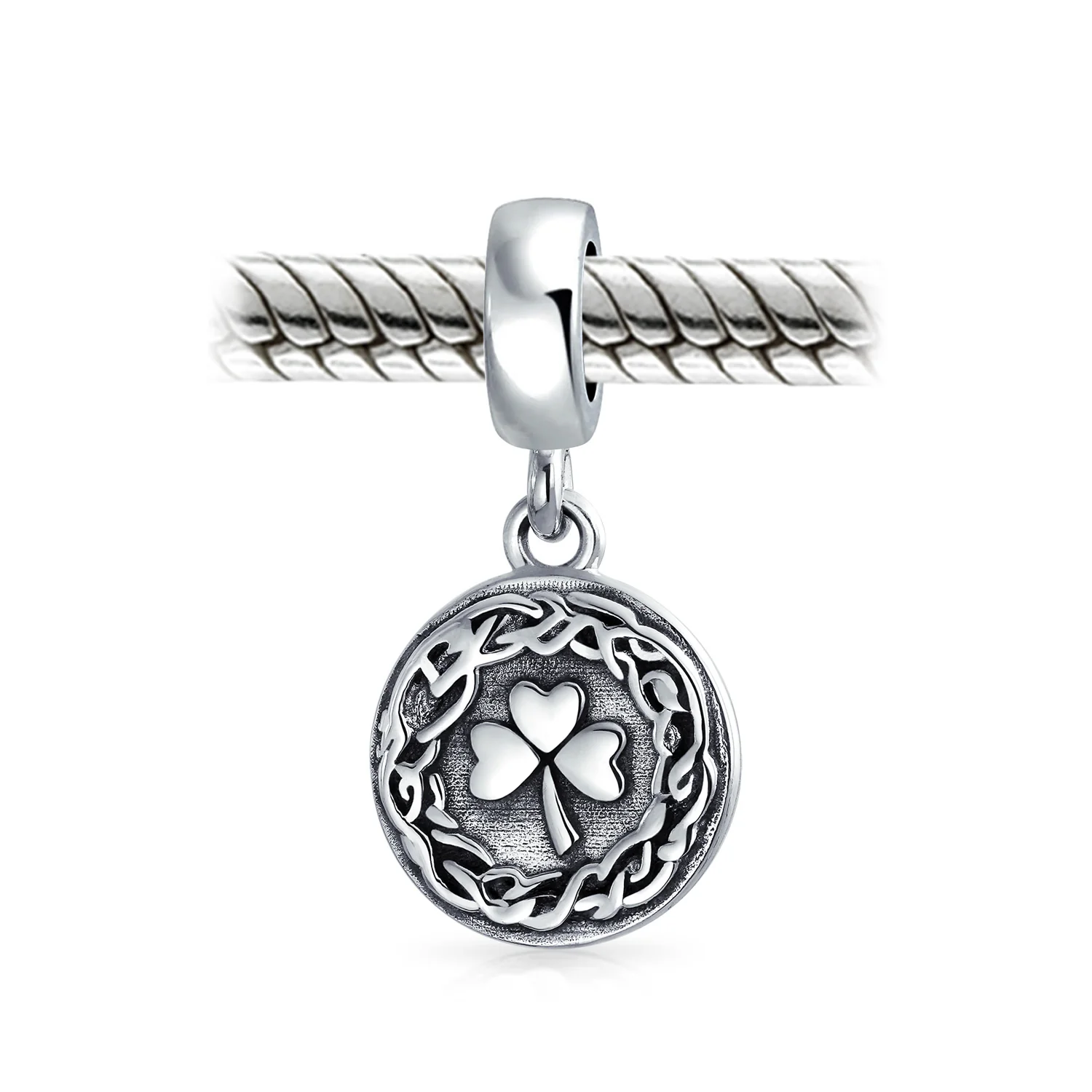 Round Disc Good Luck Celtic Knot Irish Clover Dangle Charm Bead Sterling Silver - Image 3