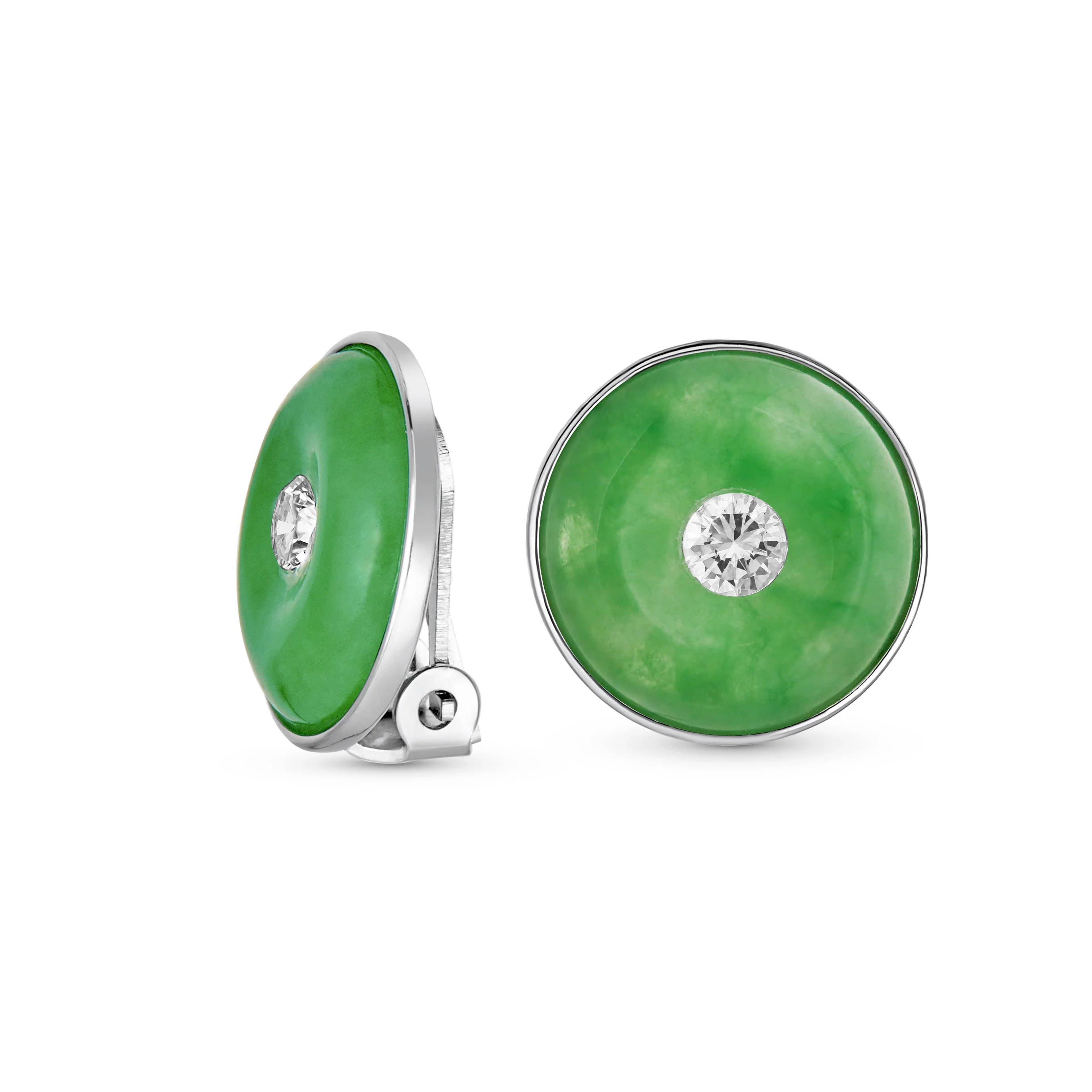 Round Disc Green Jade Clip-On Earrings with CZ Accent in Sterling Silver