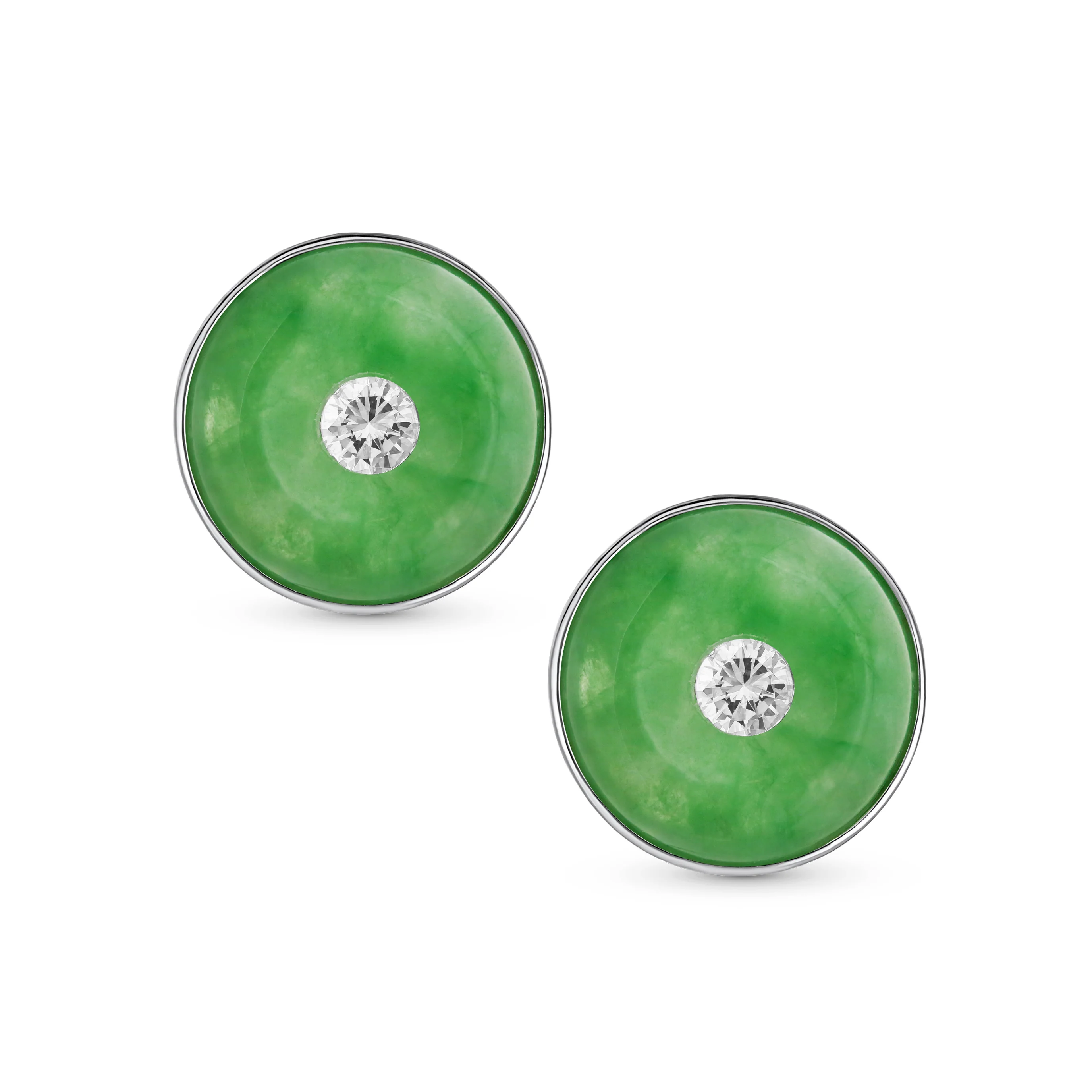 Round Disc Green Jade Clip-On Earrings with CZ Accent in Sterling Silver - Image 2