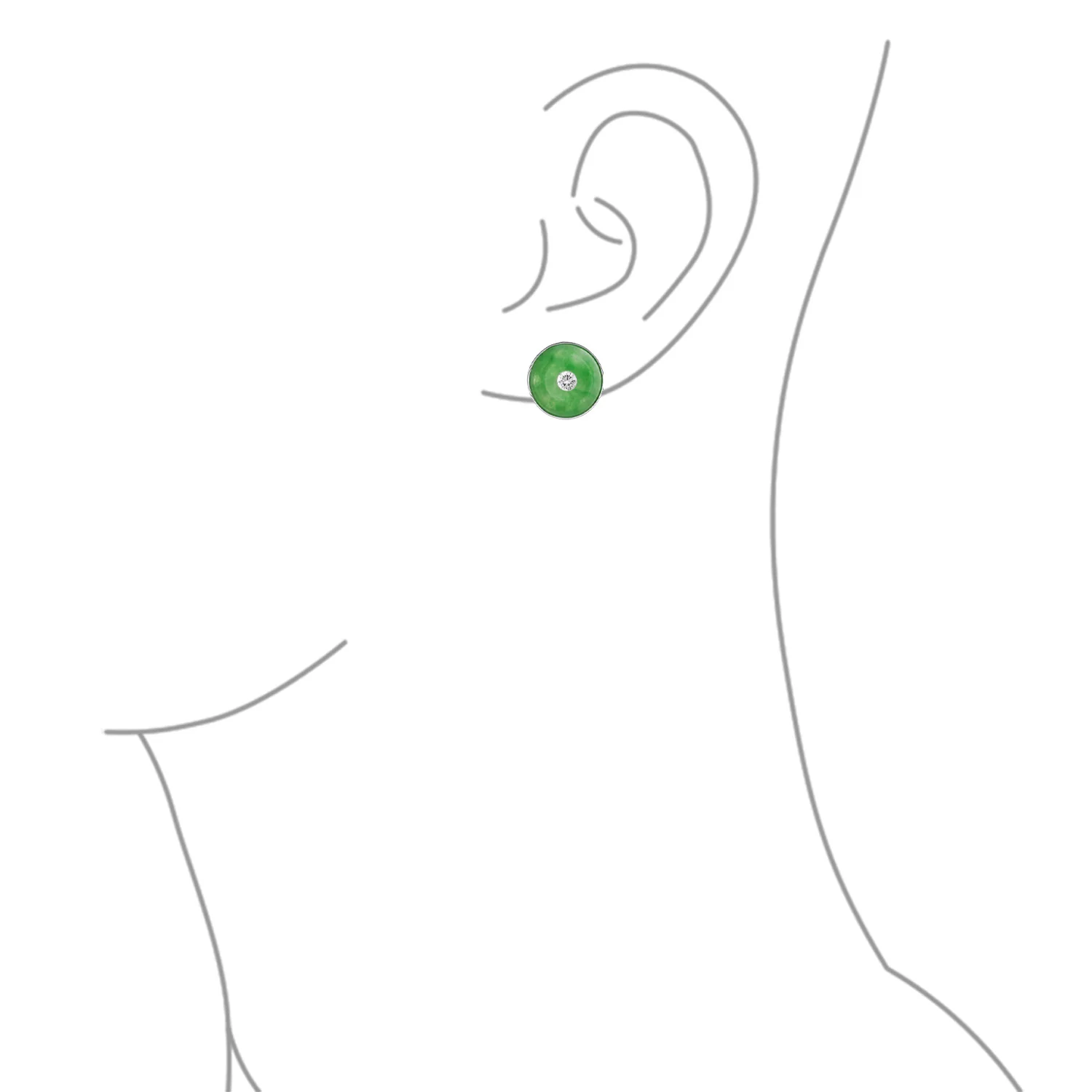 Round Disc Green Jade Clip-On Earrings with CZ Accent in Sterling Silver - Image 3