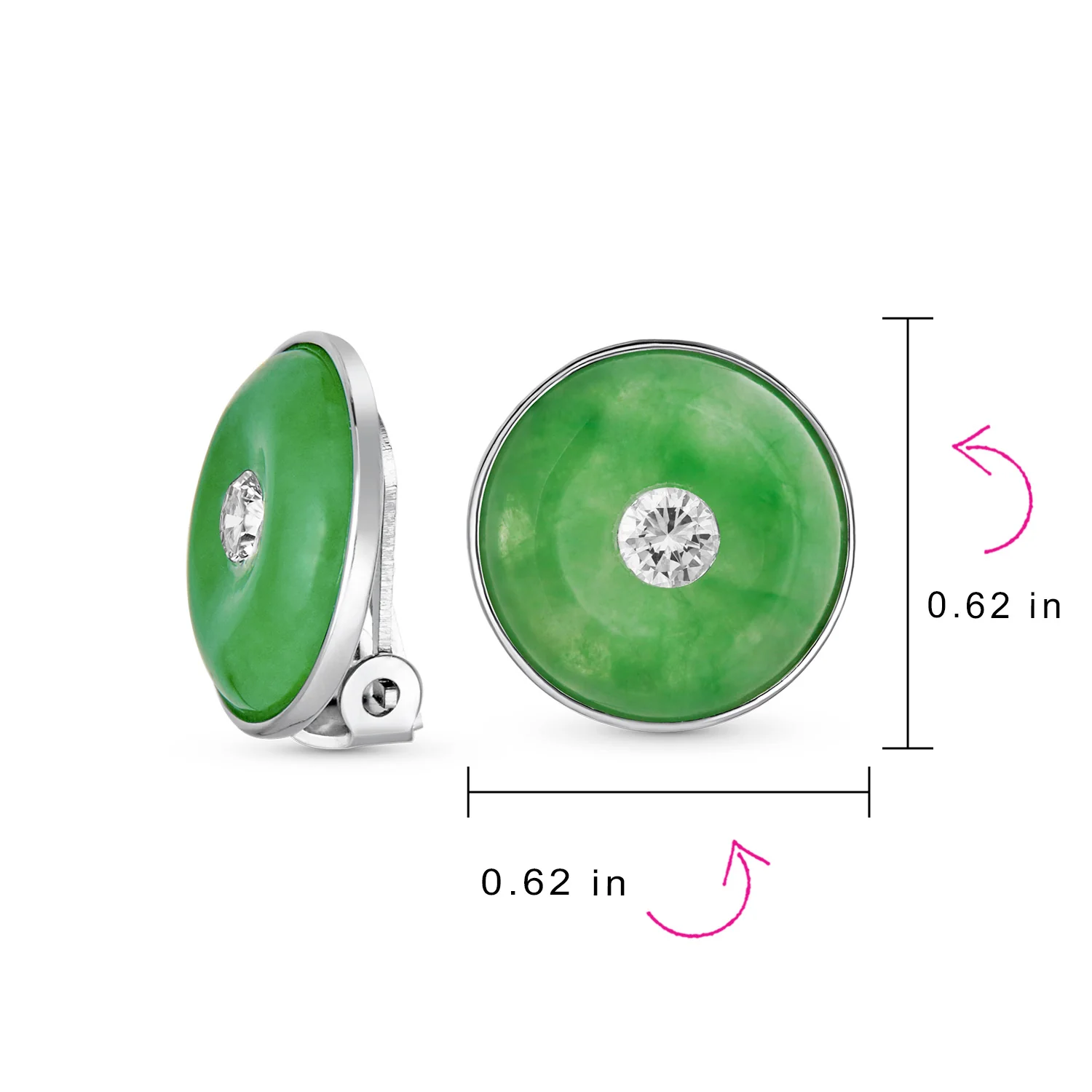 Round Disc Green Jade Clip-On Earrings with CZ Accent in Sterling Silver - Image 4