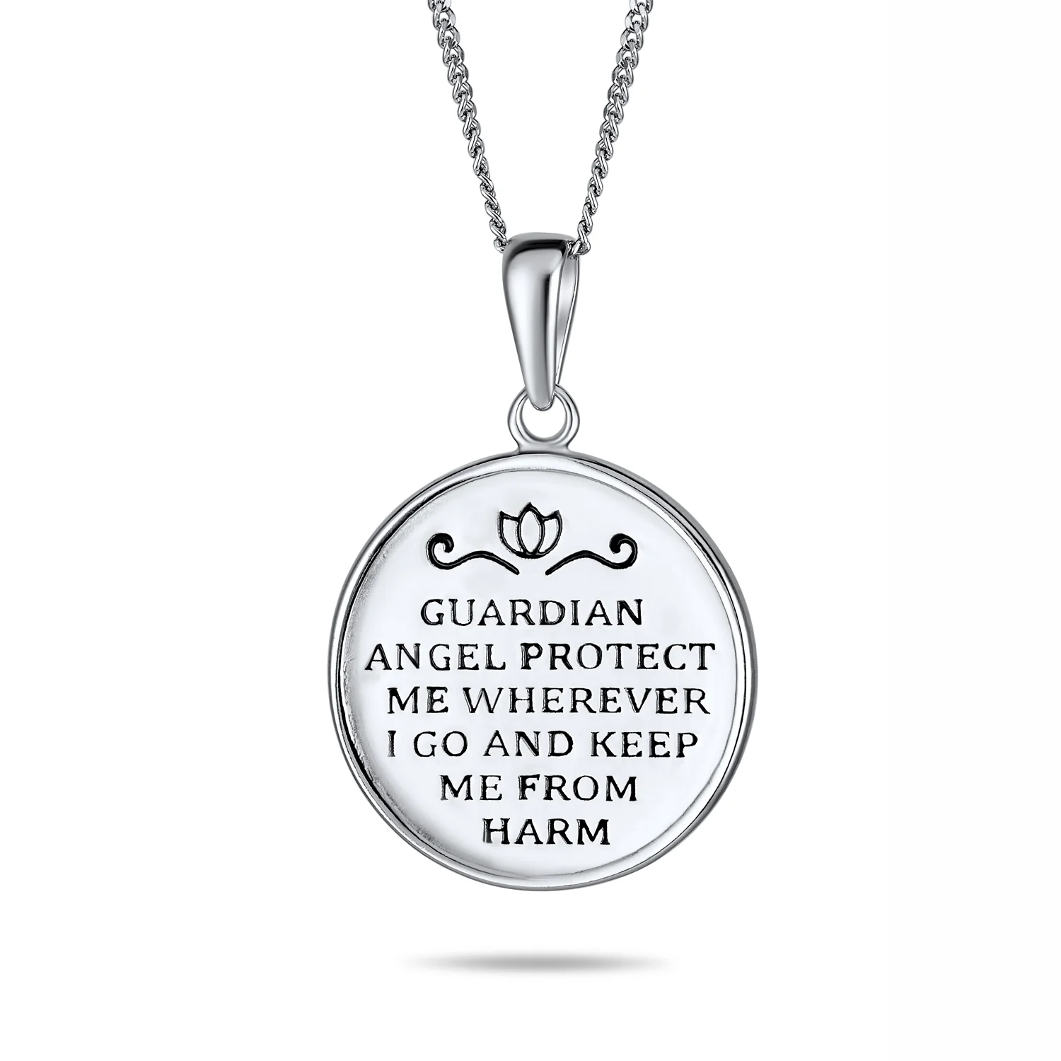 Round Medallion Disc Guardian Angel Pendant Necklace in Sterling Silver - Image 2