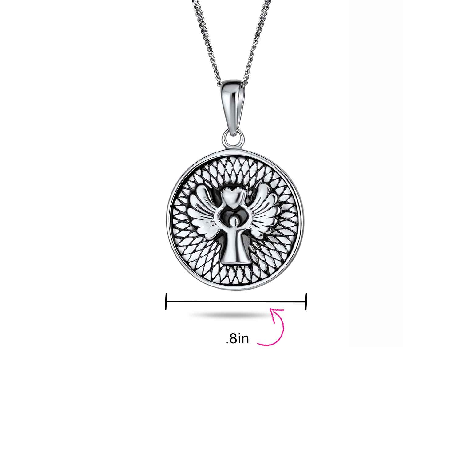 Round Medallion Disc Guardian Angel Pendant Necklace in Sterling Silver - Image 4