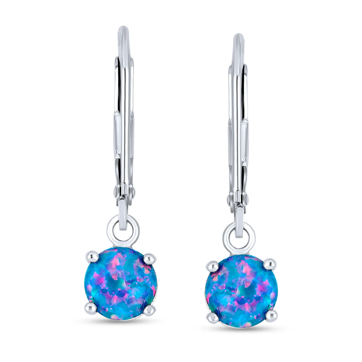 Round Solitaire Created Opal Lever back Drop Dangle Earrings Sterling Silver 8MM - Image 10