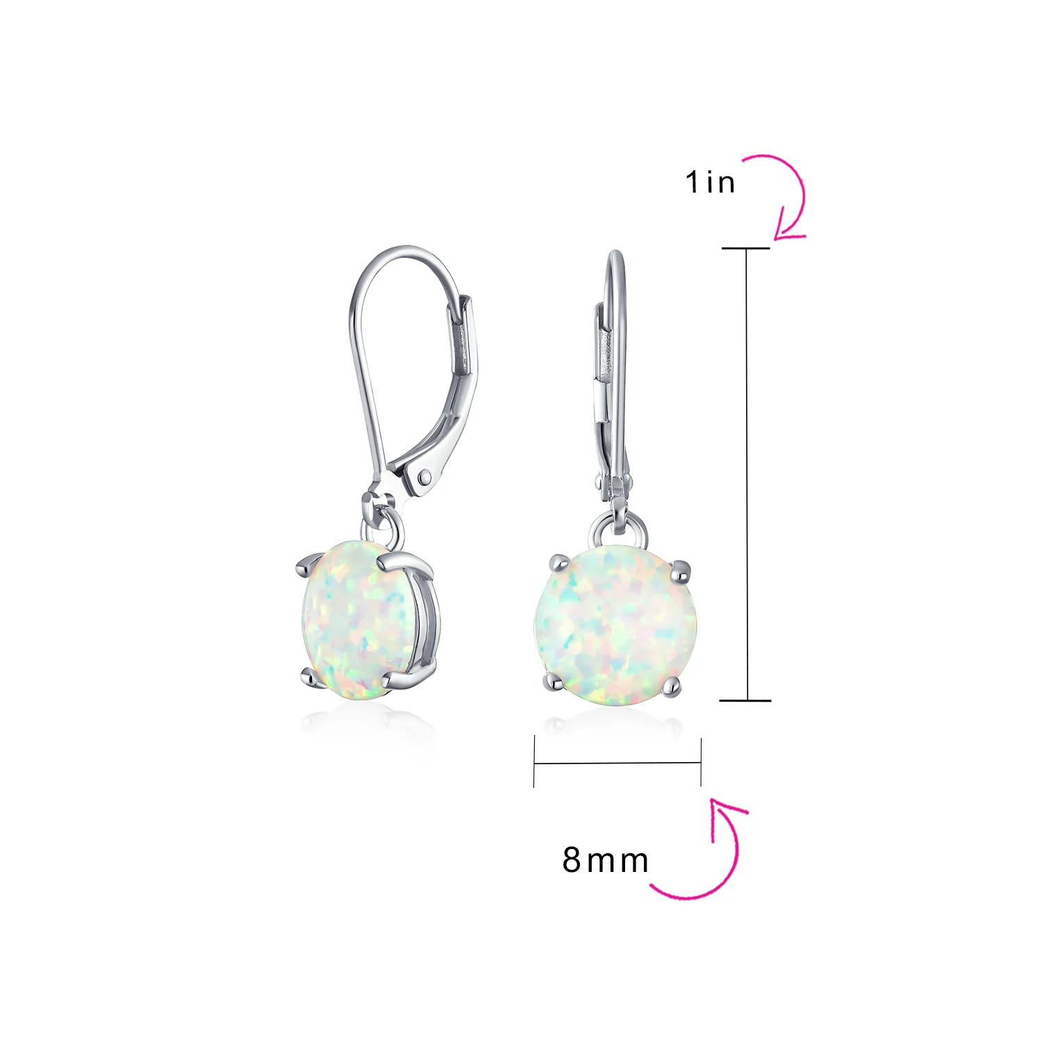 Round Solitaire Created Opal Lever back Drop Dangle Earrings Sterling Silver 8MM - Image 19