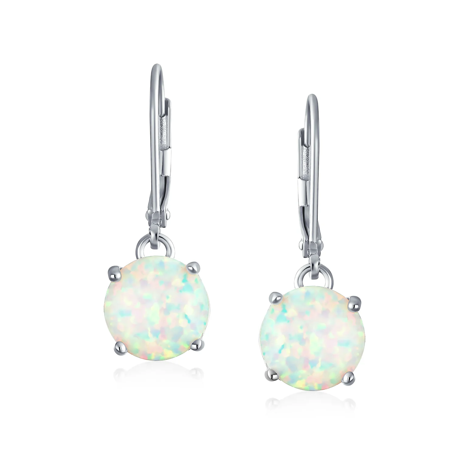 Round Solitaire Created Opal Lever back Drop Dangle Earrings Sterling Silver 8MM - Image 7