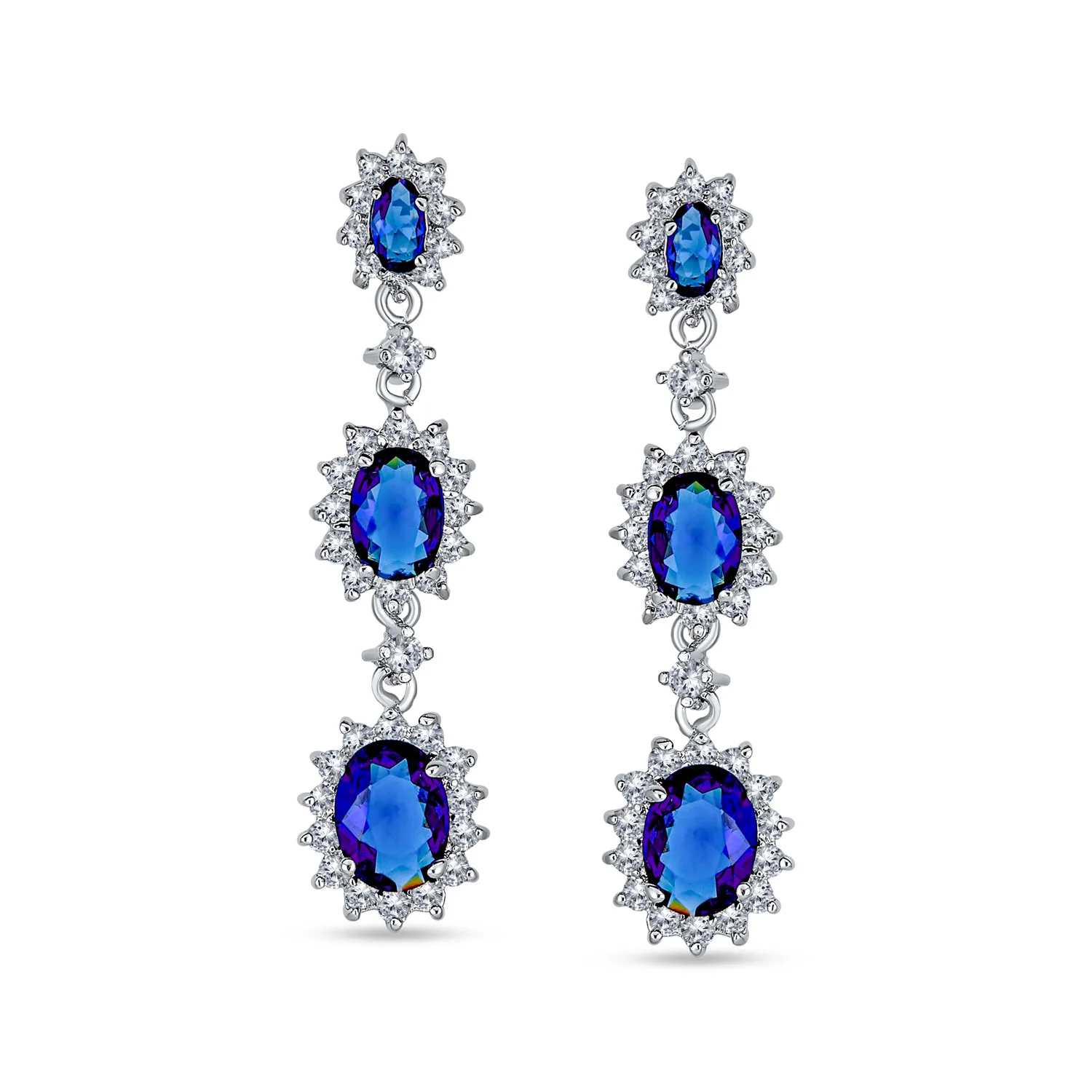 Blue Triple Oval Chandelier Earrings Simulated Sapphire - Image 2