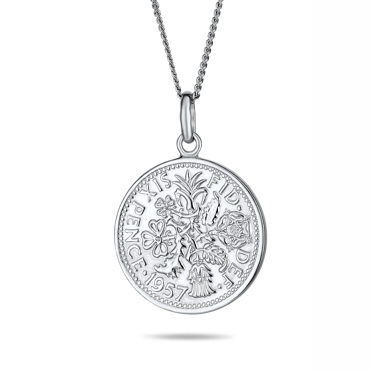 Royal Coin Disc Pendant Necklace 1957 Queen Elizabeth Medallion Sterling Silver - Image 2