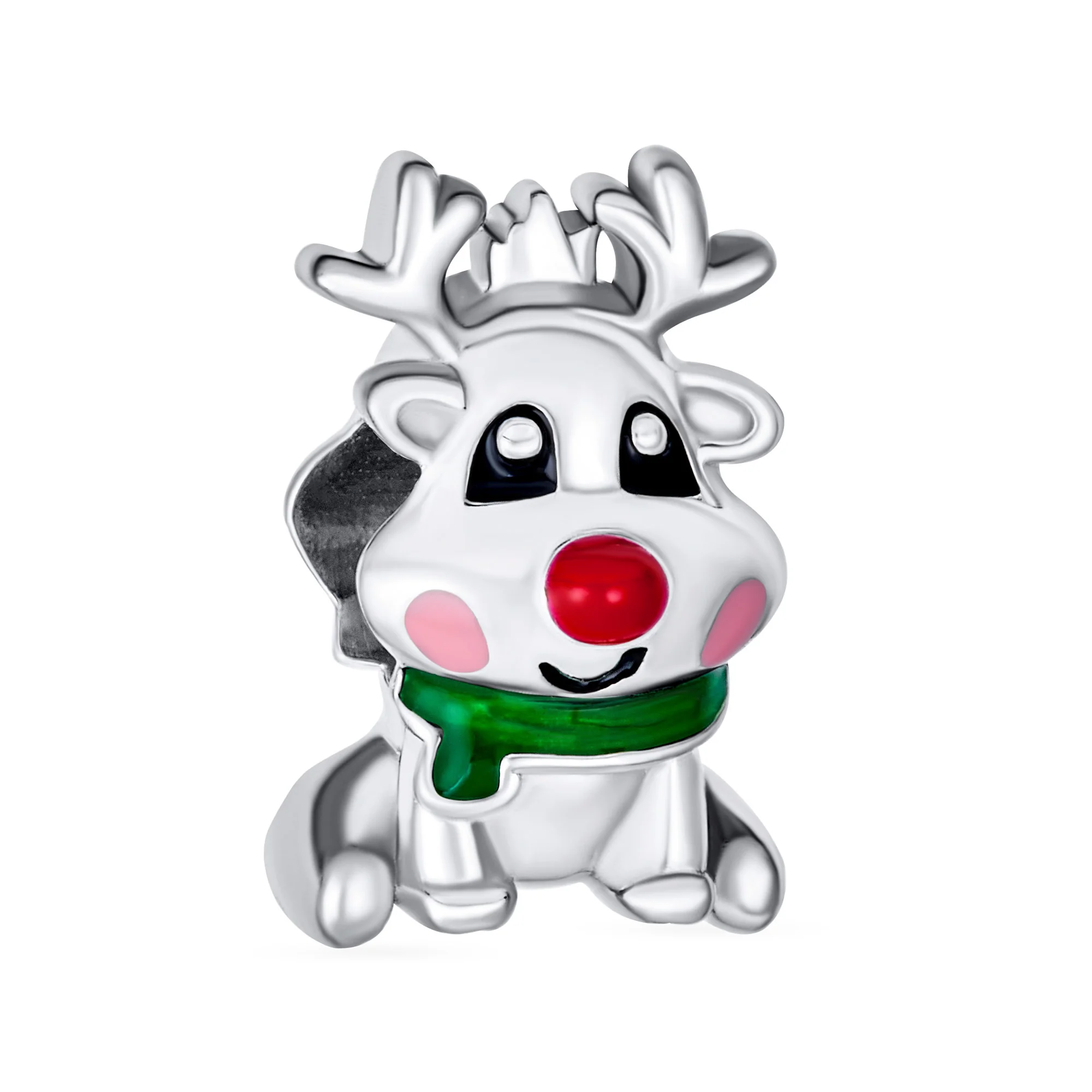 Rudolph Red Nose Reindeer Christmas Charm Bead for European Bracelets Silver