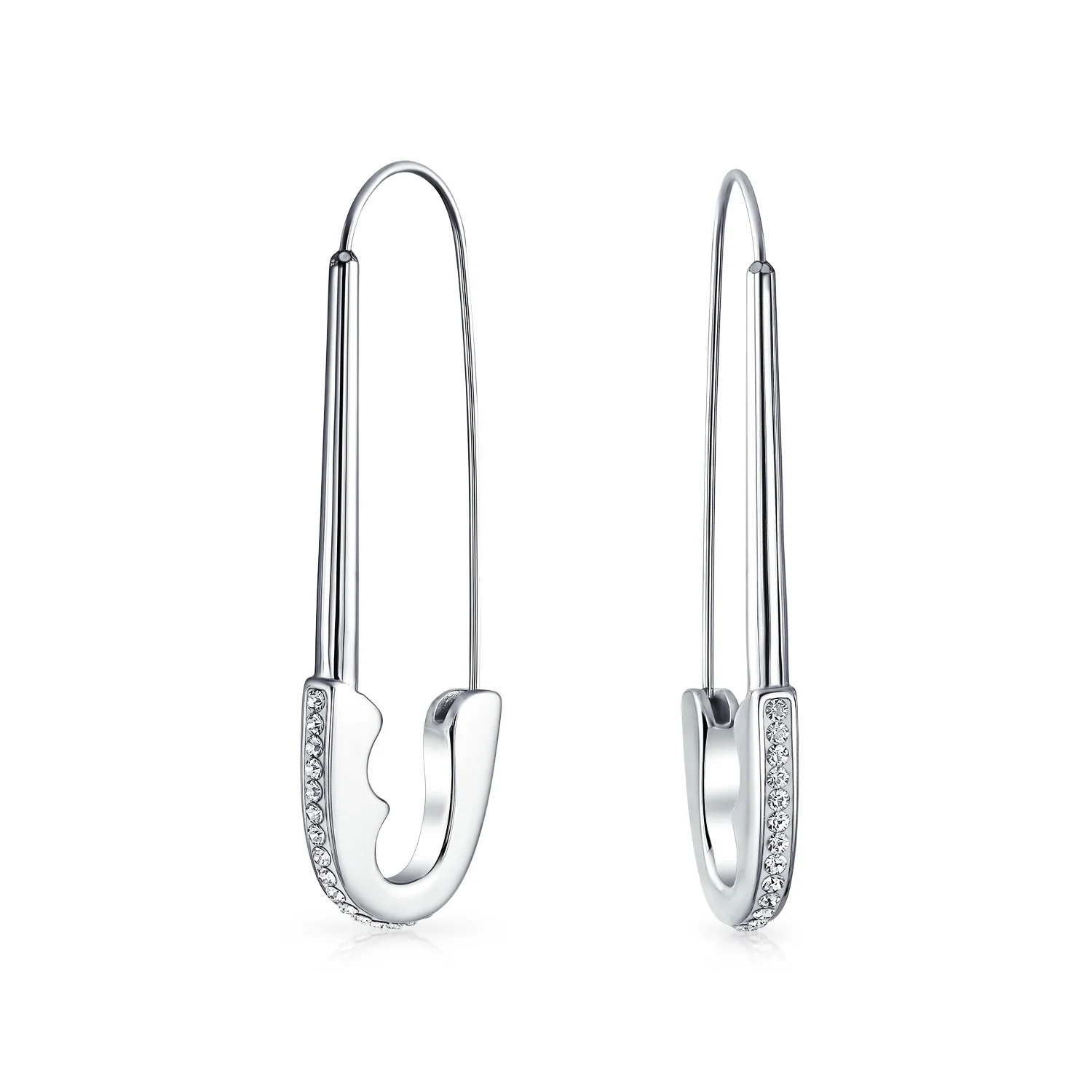 Large Biker Goth Fashion Safety Pin Earrings Crystal Accent Stainless Steel