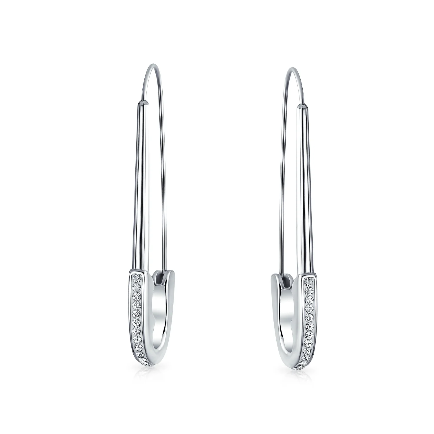 Large Biker Goth Fashion Safety Pin Earrings Crystal Accent Stainless Steel - Image 2