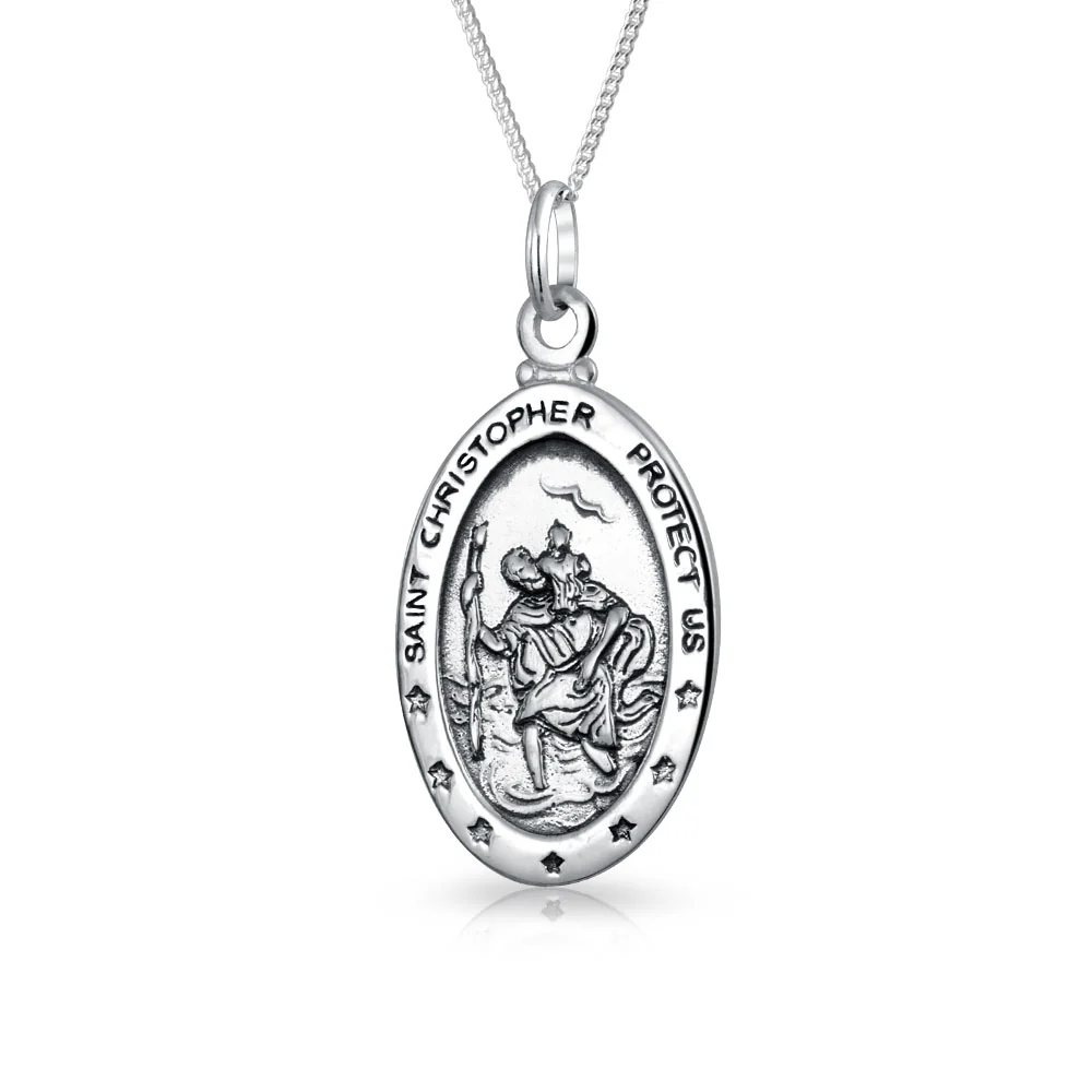 Religious Patron of Safe Travel Saint Christopher Oval Medal Pendant Necklace Silver