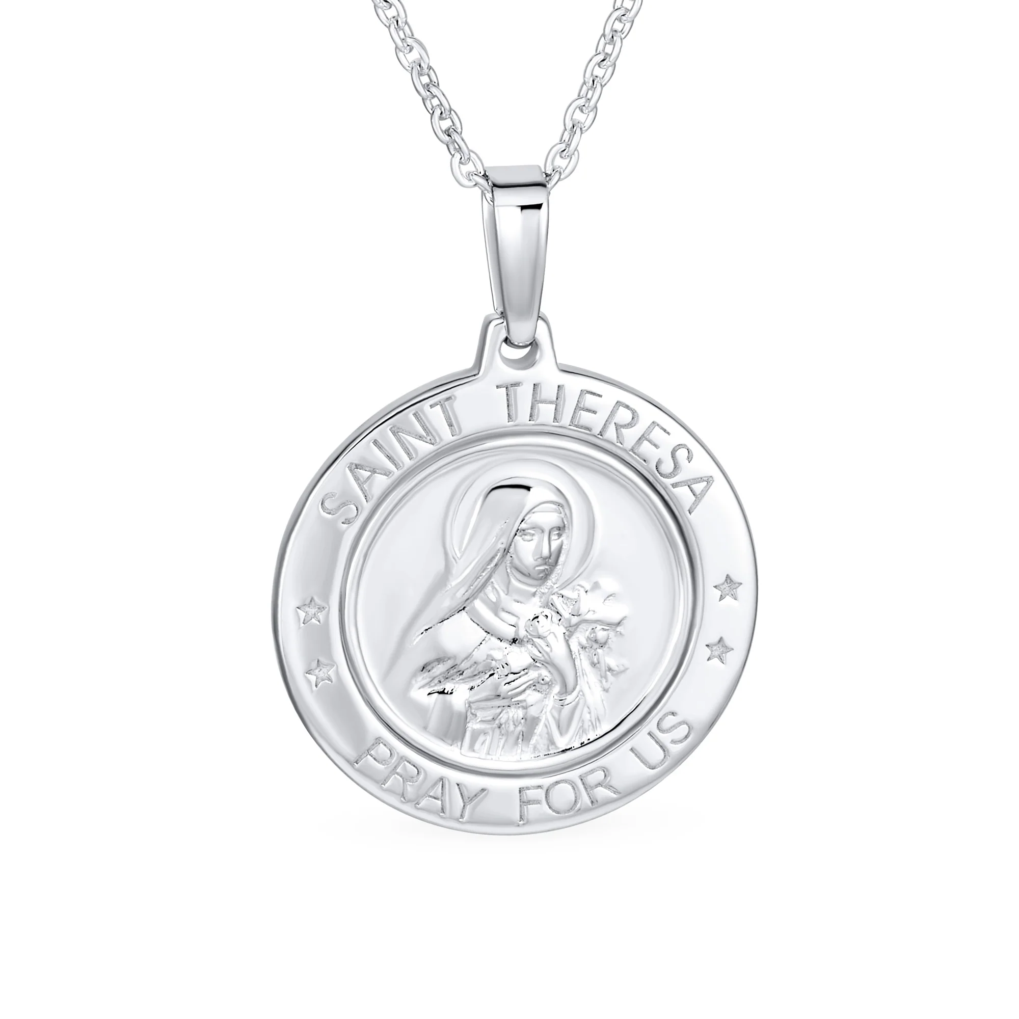 Large Patron of Missions Saint Theresa Pendant Necklace in Sterling Silver