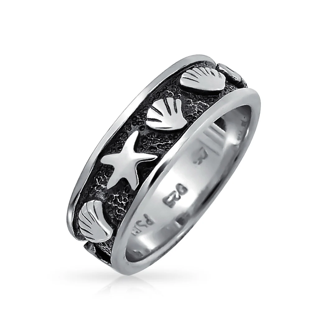 Sea Life Black Starfish Clam Shell Band Ring 925 Sterling Silver 5MM