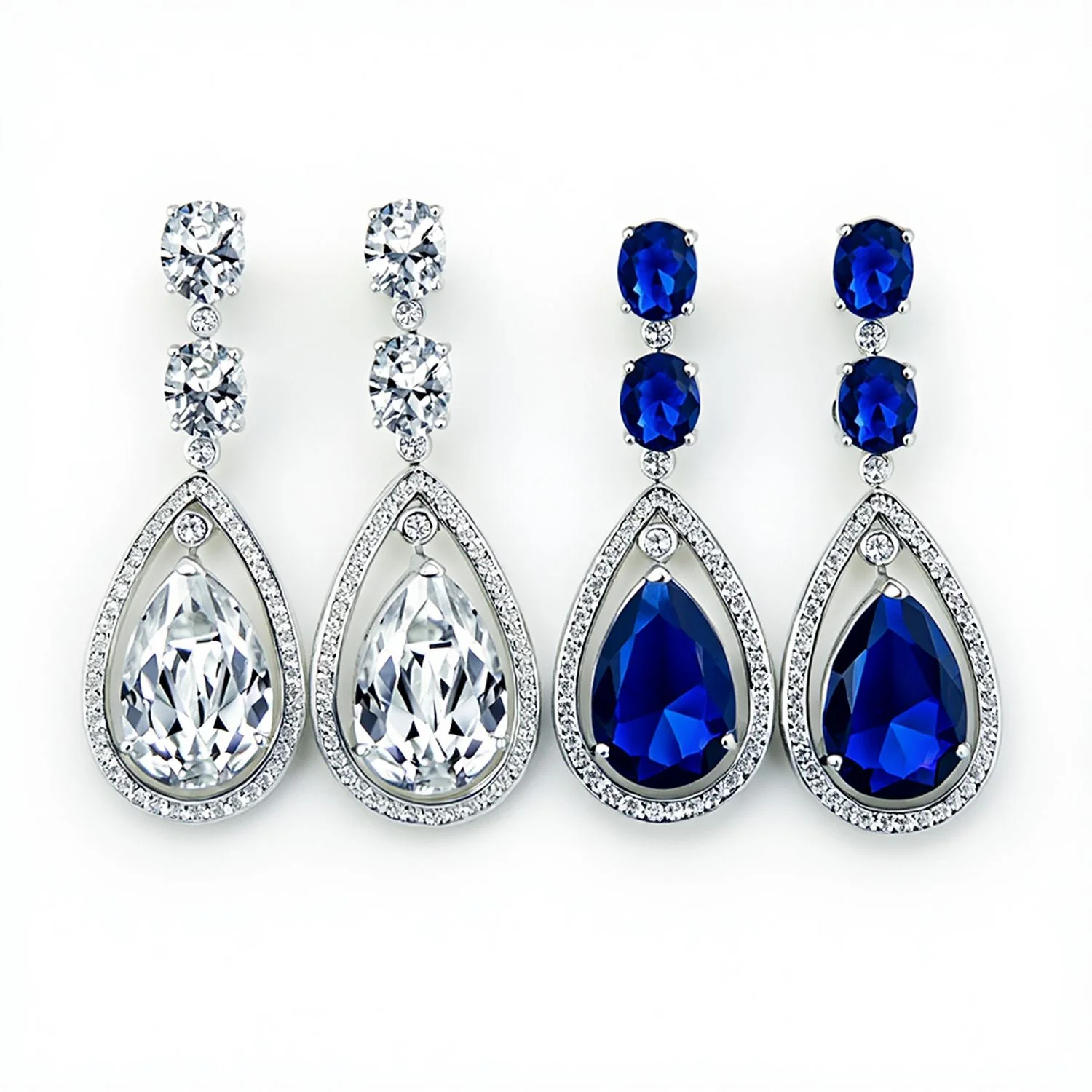 Set of 2 15CT Art Deco Wedding Gemstone Clear & Blue CZ Halo Chandelier Earrings