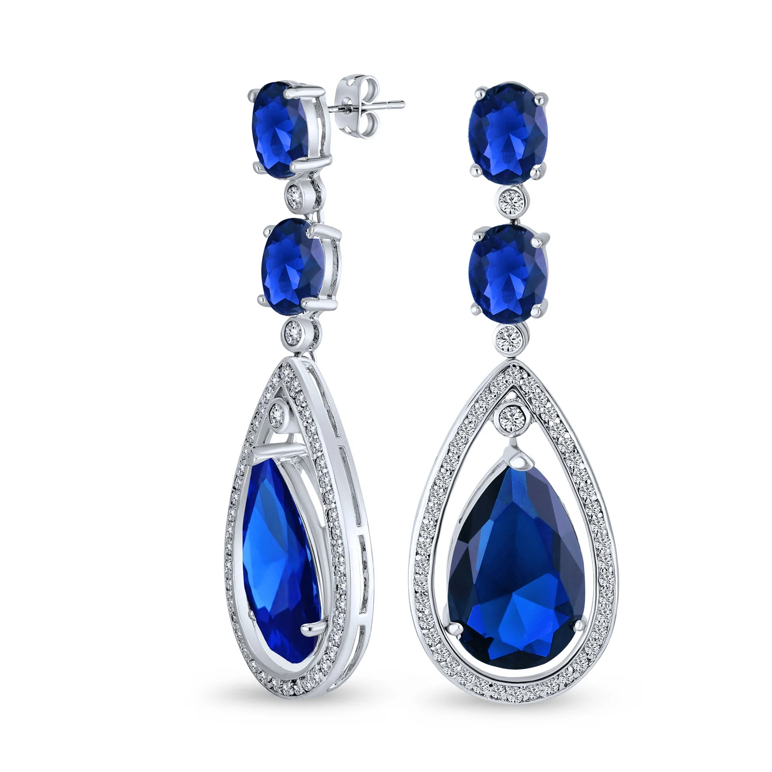 Set of 2 15CT Art Deco Wedding Gemstone Clear & Blue CZ Halo Chandelier Earrings - Image 11