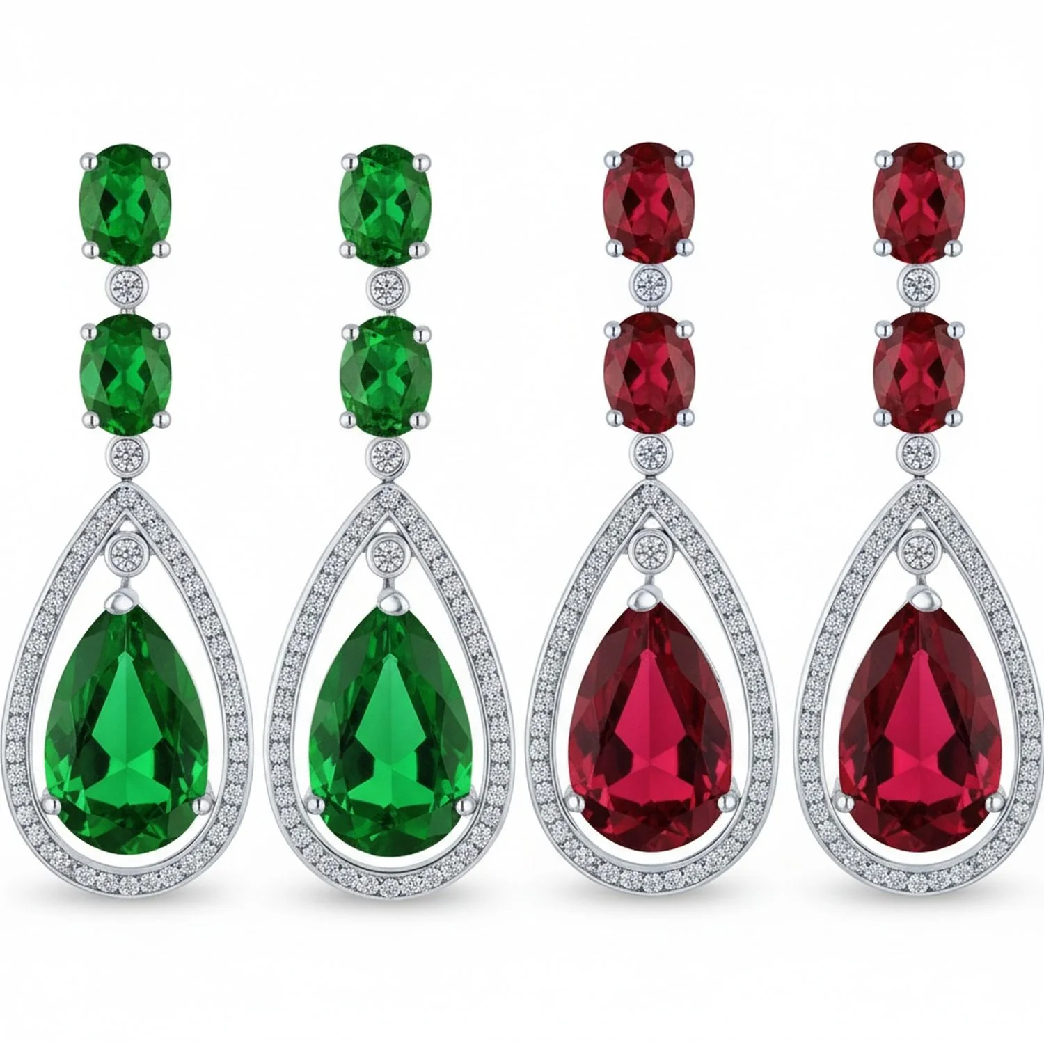 Set of 2 15CT Art Deco Wedding Gemstone Clear & Blue CZ Halo Chandelier Earrings - Image 2