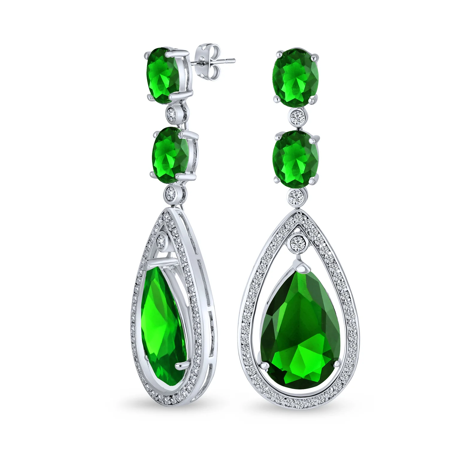 Set of 2 15CT Art Deco Wedding Gemstone Clear & Blue CZ Halo Chandelier Earrings - Image 6