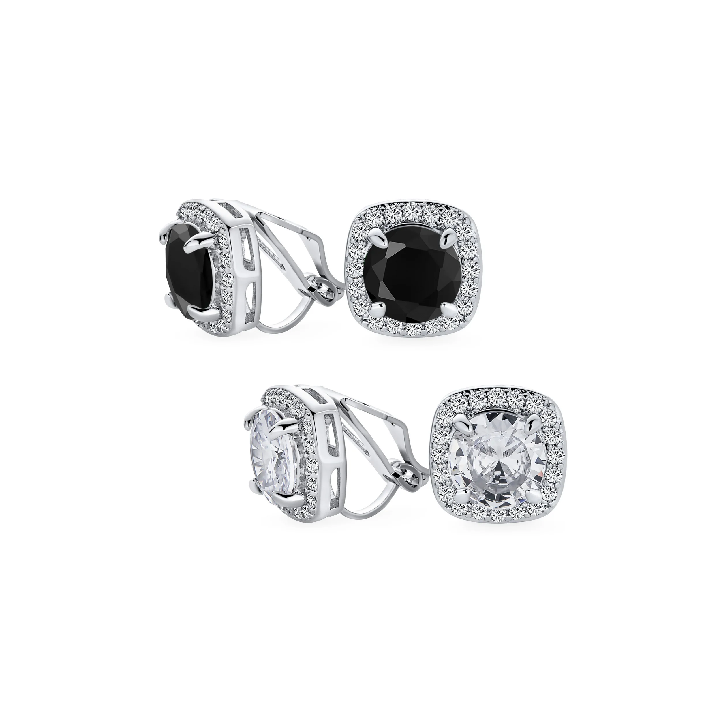 Set of 2 Black Clear 2CT Round CZ Solitaire Halo Clip-On Earrings Silver Plated