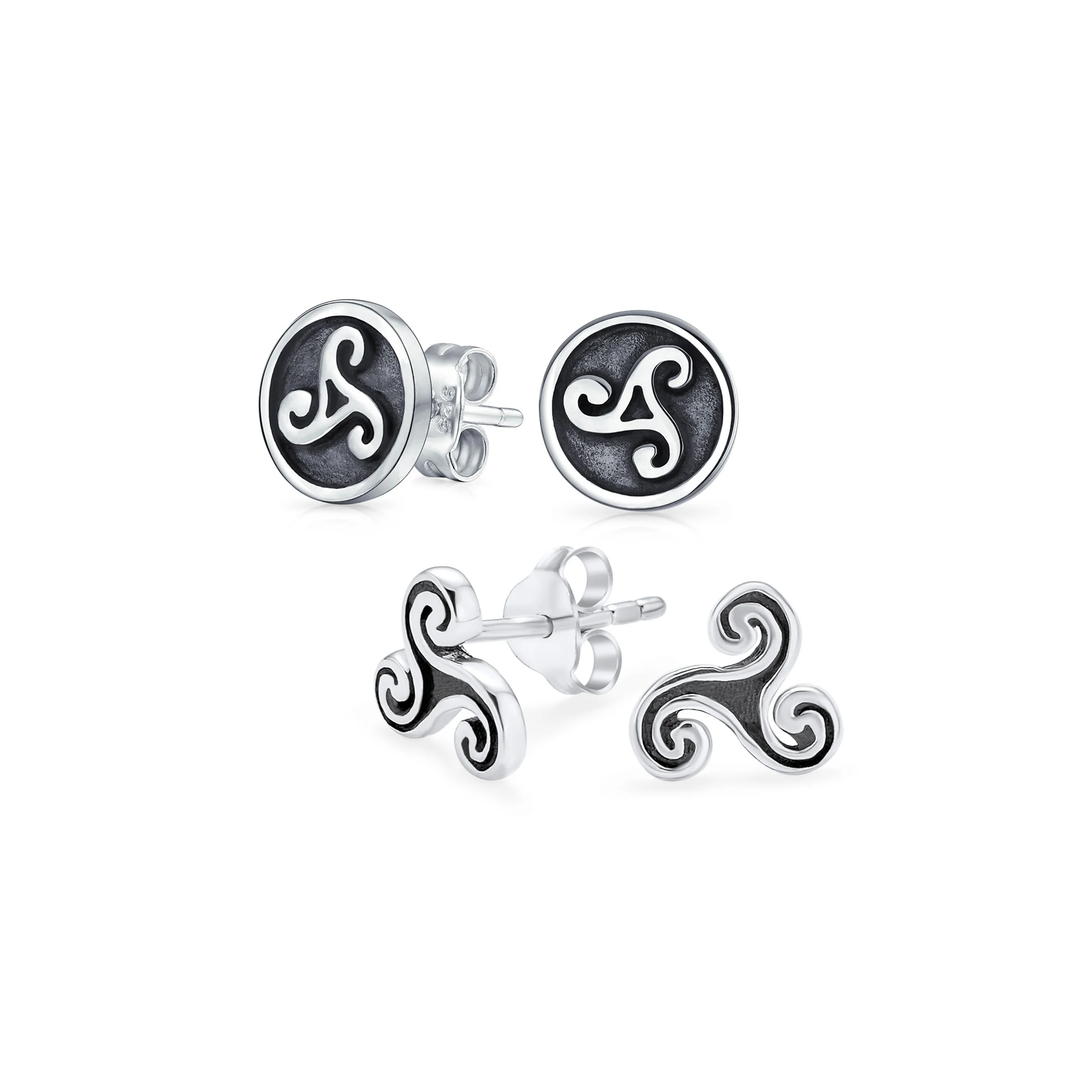 Set of 2 Ancient Celtic Triskele Stud Earrings in Oxidized Sterling Silver