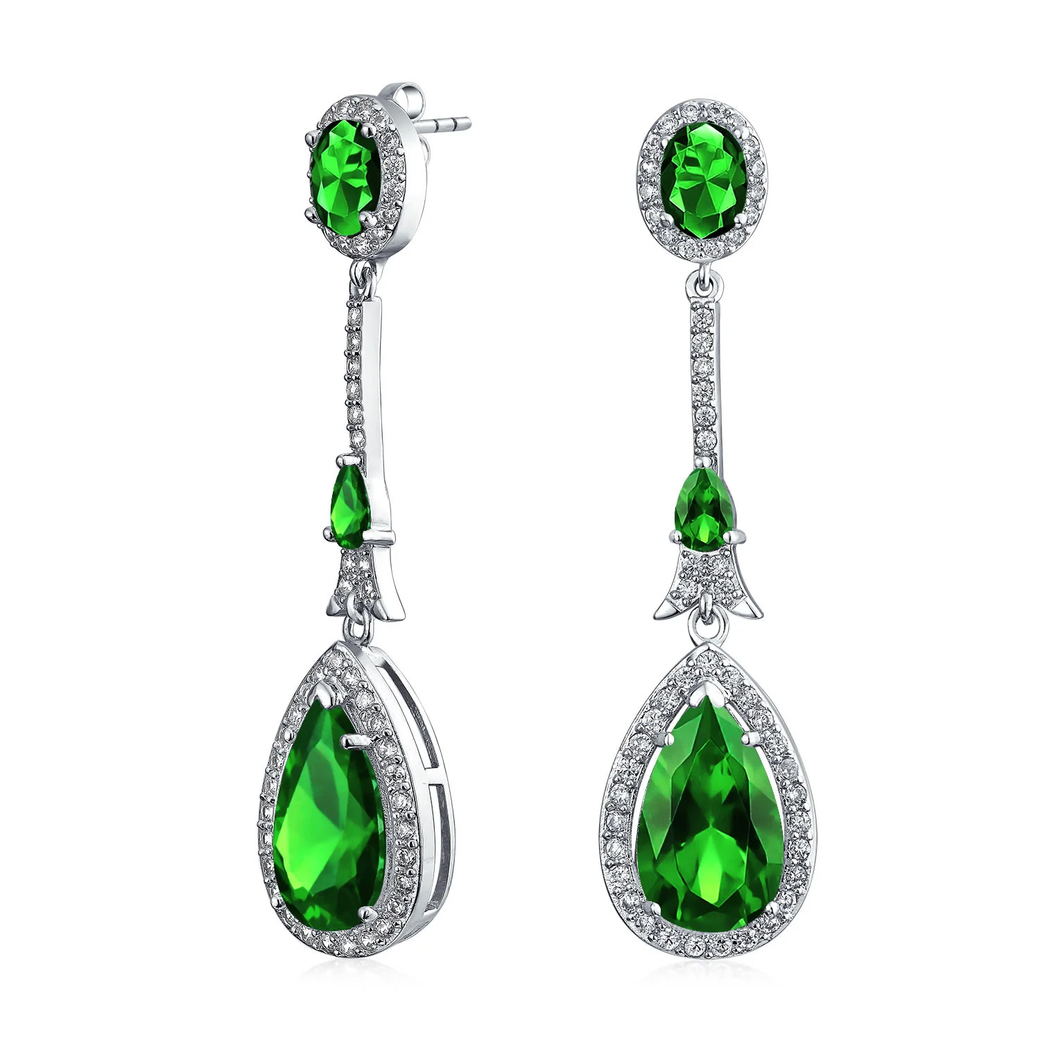 Set of 2 Art Deco Blue & Green CZ Teardrop Gemstone Dangle Chandelier Earrings - Image 3