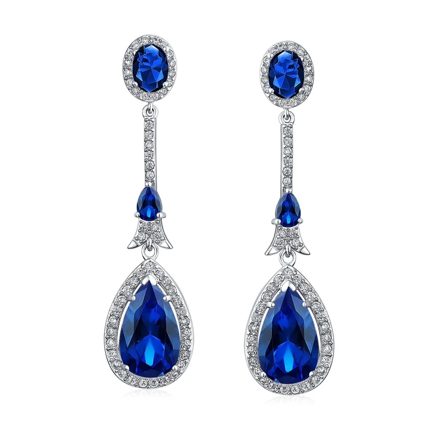 Set of 2 Art Deco Blue & Green CZ Teardrop Gemstone Dangle Chandelier Earrings - Image 6