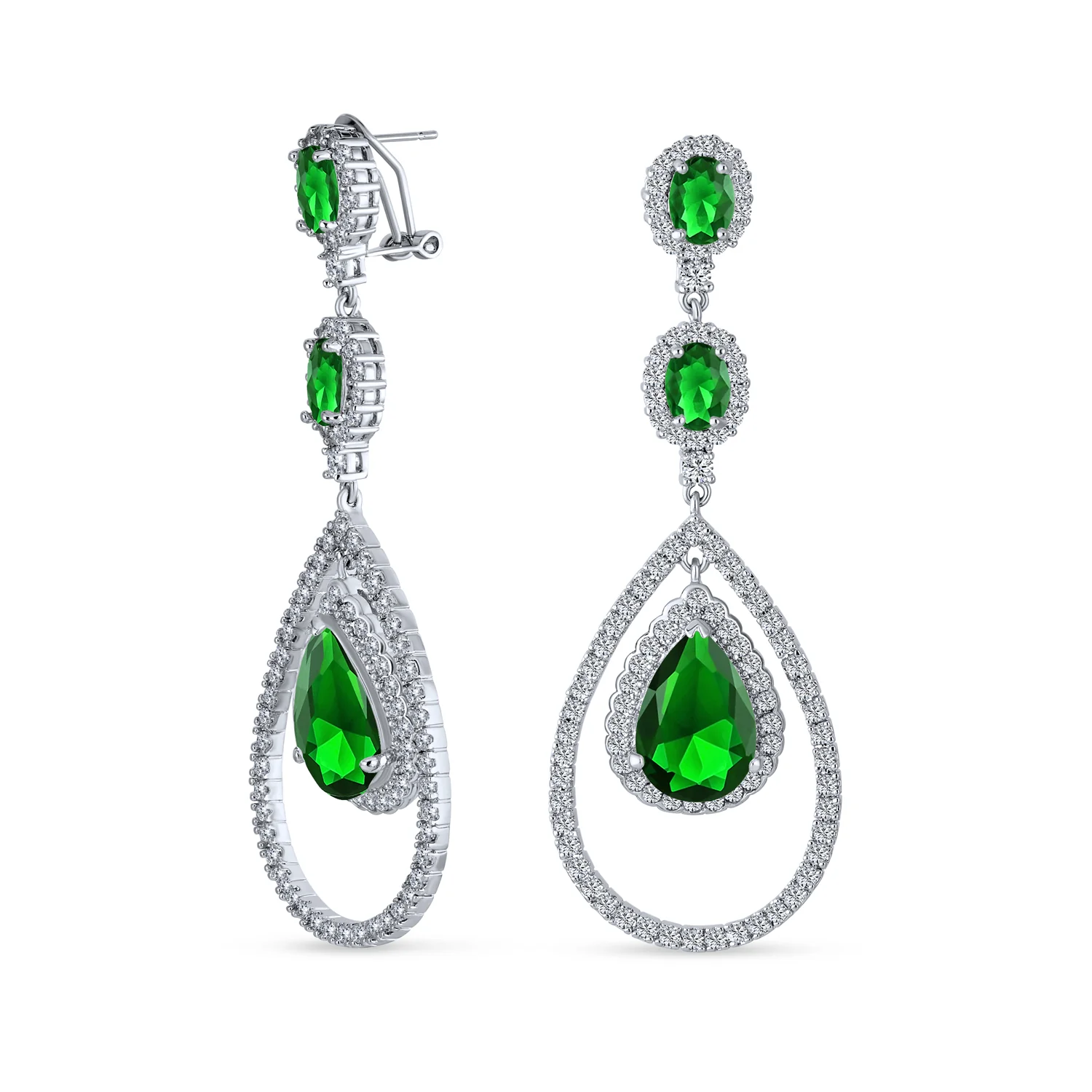 Set of 2 Art Deco Wedding Gemstone Clear & Green CZ Dangle Chandelier Earrings - Image 3
