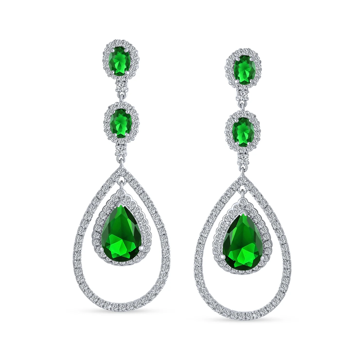 Set of 2 Art Deco Wedding Gemstone Clear & Green CZ Dangle Chandelier Earrings - Image 4