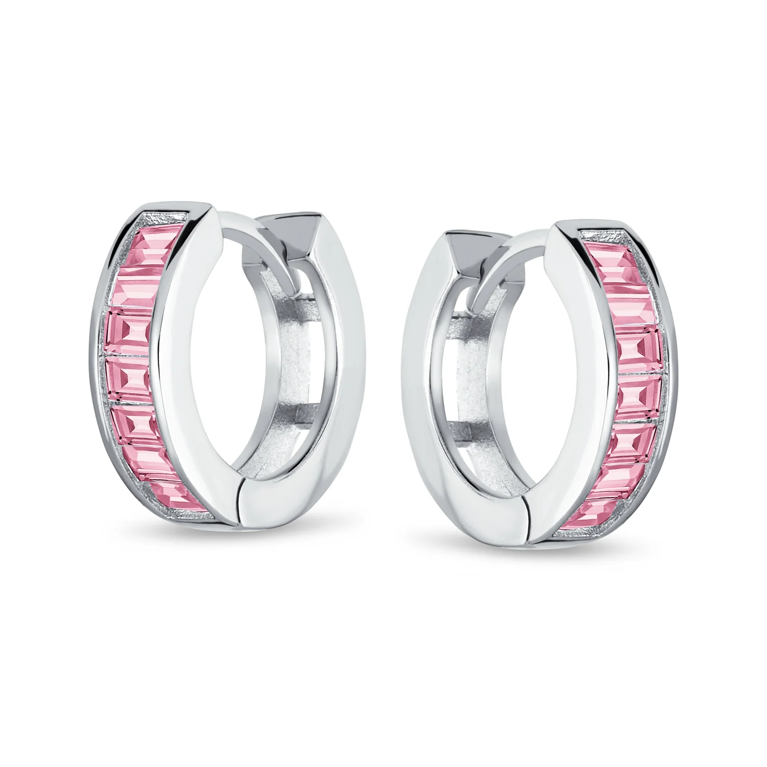 Set of 2 Baguette Cut Channel Set Blue & Pink CZ Hoop Earrings Sterling Silver - Image 4