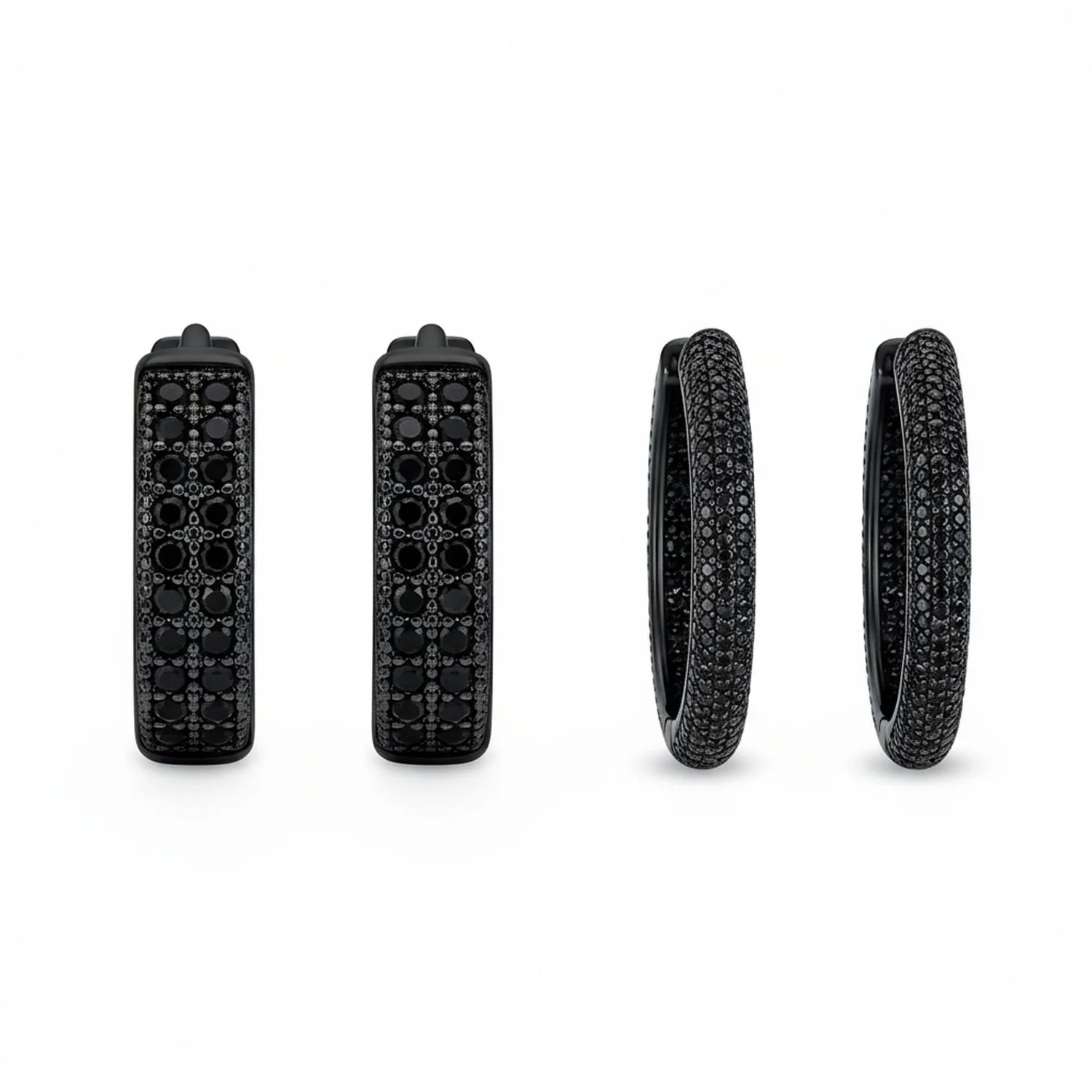 Set of 2 Black Pave CZ Round Inside Out & 2 Row Huggie Hoop Earrings