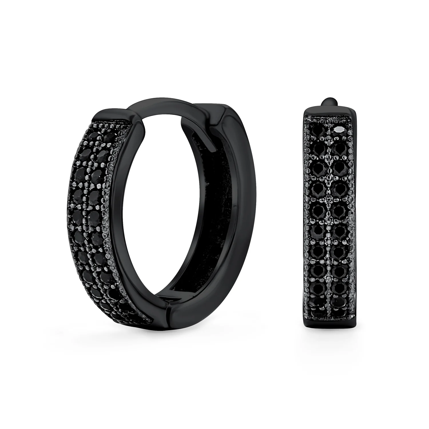 Set of 2 Black Pave CZ Round Inside Out & 2 Row Huggie Hoop Earrings - Image 3