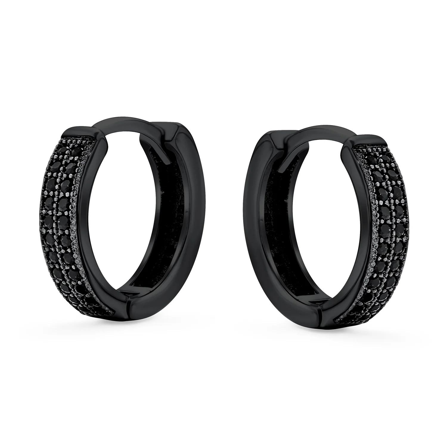 Set of 2 Black Pave CZ Round Inside Out & 2 Row Huggie Hoop Earrings - Image 4