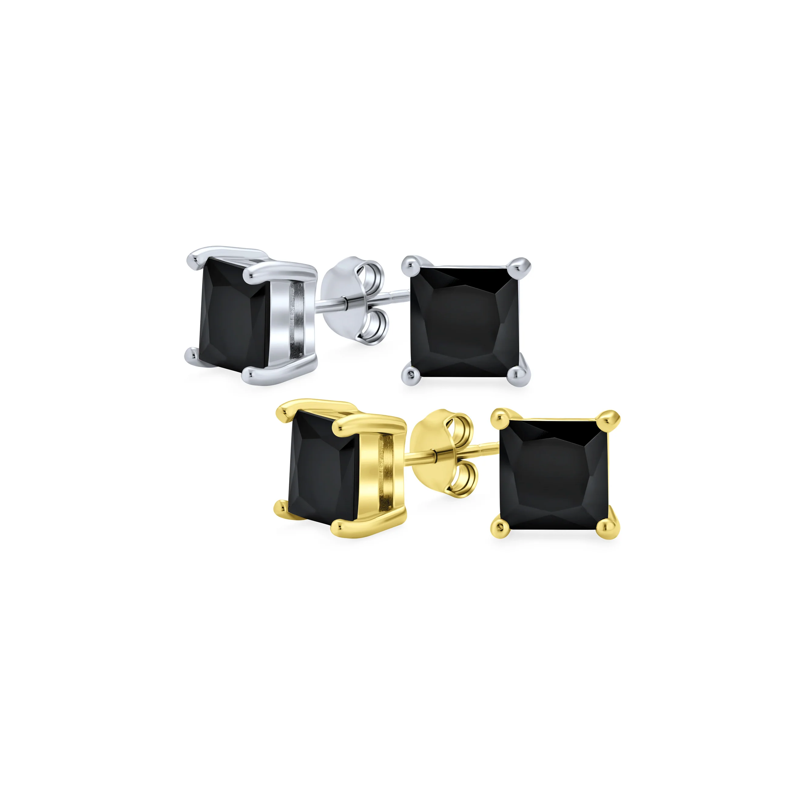Set of 2 Black Square Princess Cut CZ Stud Earrings Gold Plated Silver 5MM - Image 3