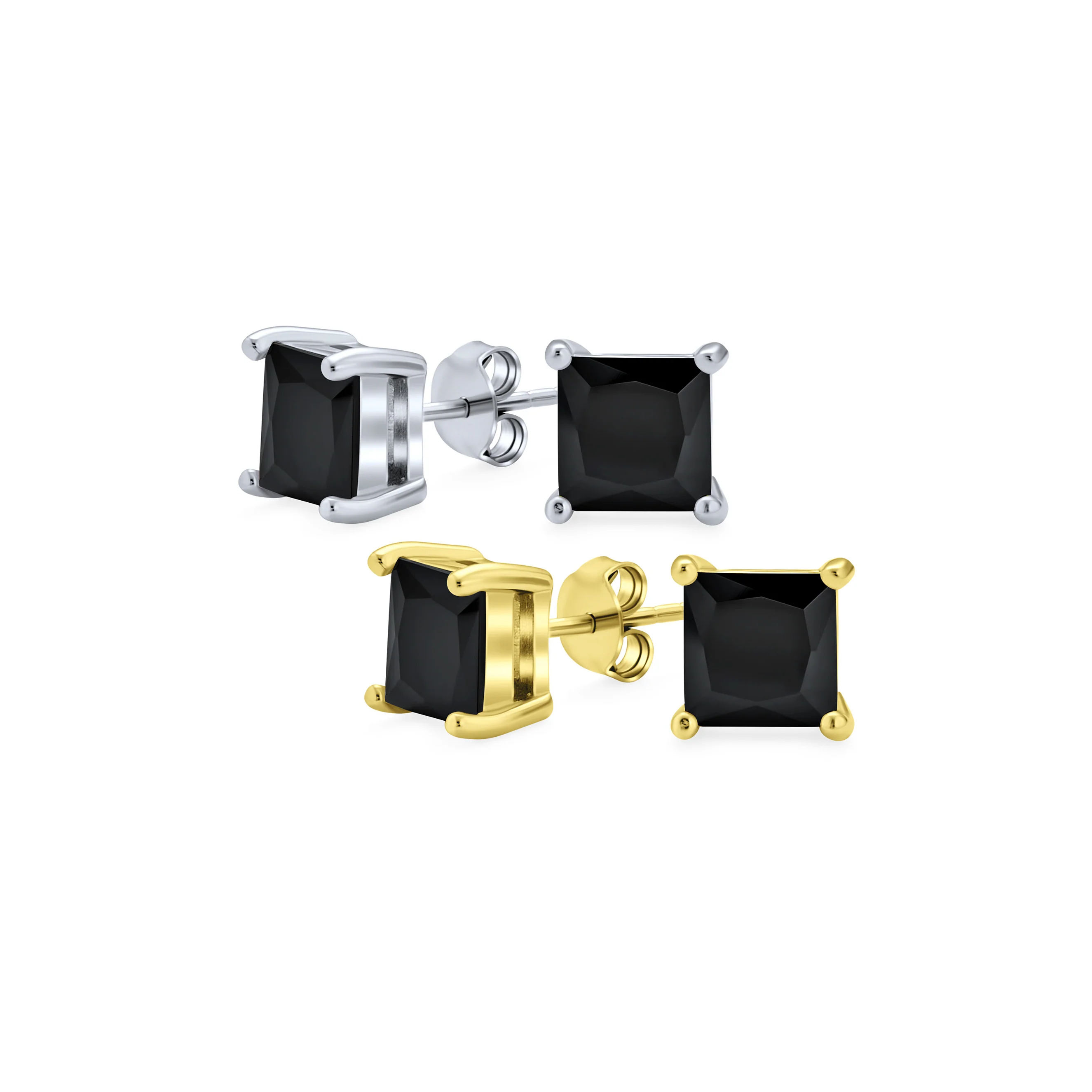 Set of 2 Black Square Princess Cut CZ Stud Earrings Gold Plated Silver 5MM - Image 4