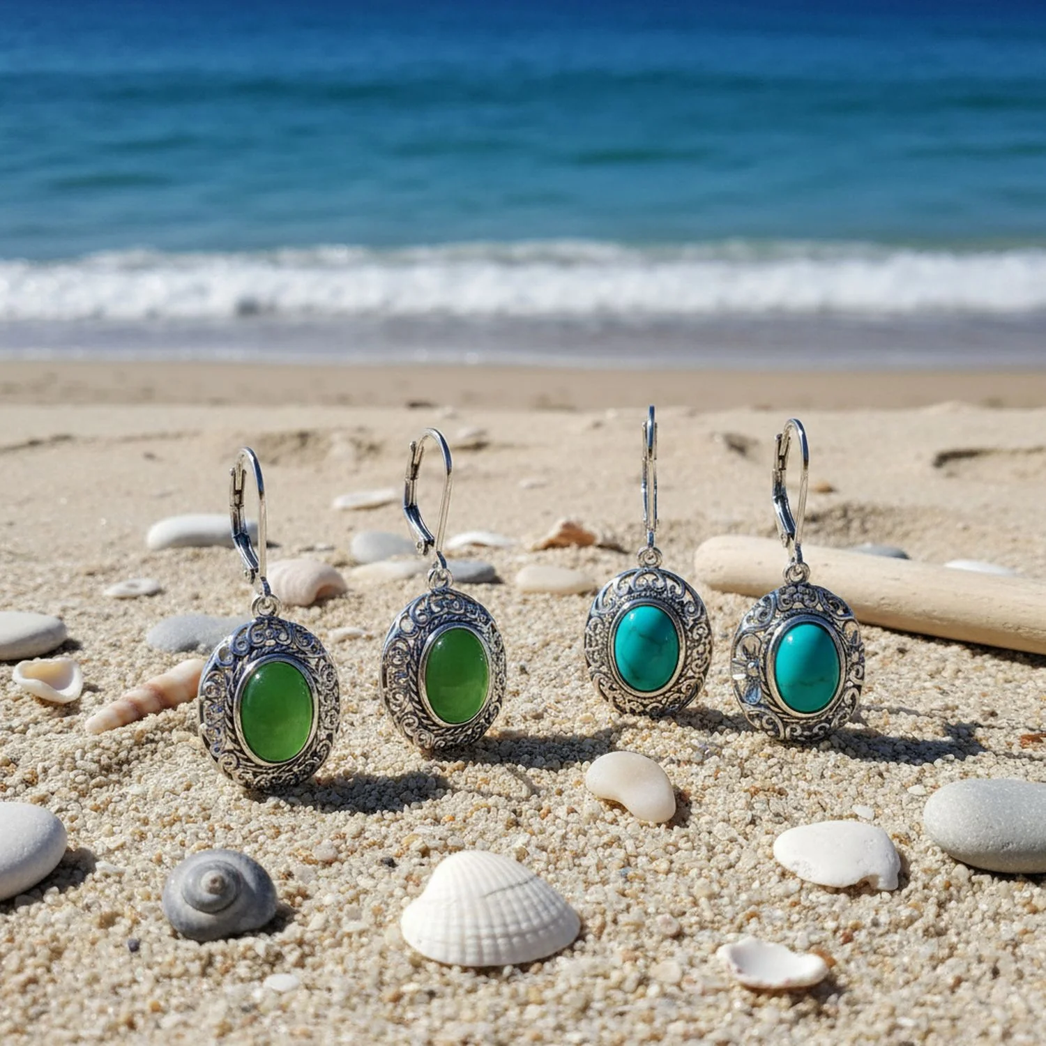 Set of 2 Blue Turquoise & Dyed Green Quartz Dangle Earrings Lever Back Silver - Image 2