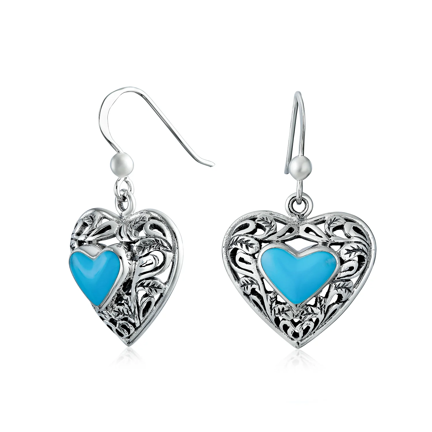 Set of 2 Boho Blue Turquoise Gemstone Arrowhead & Heart Earrings Sterling Silver - Image 3